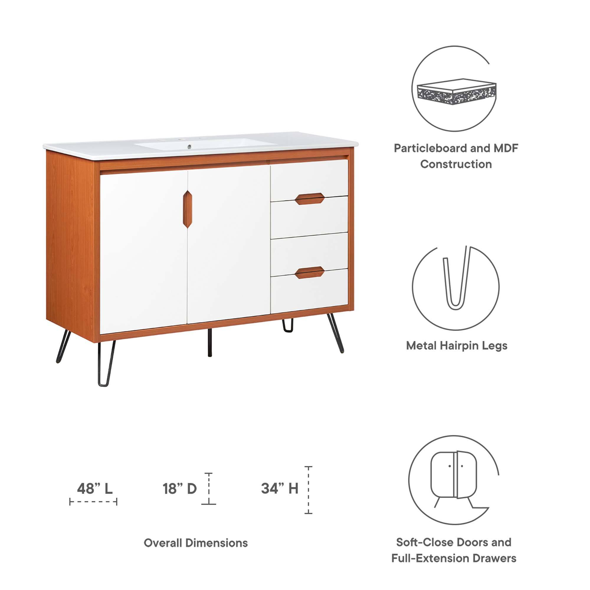 Particleboard and MDF Construction  
Metal Hairpin Legs  
48" L x 18" D x 34" H Overall Dimensions  
Soft-Close Doors and Full-Extension Drawers