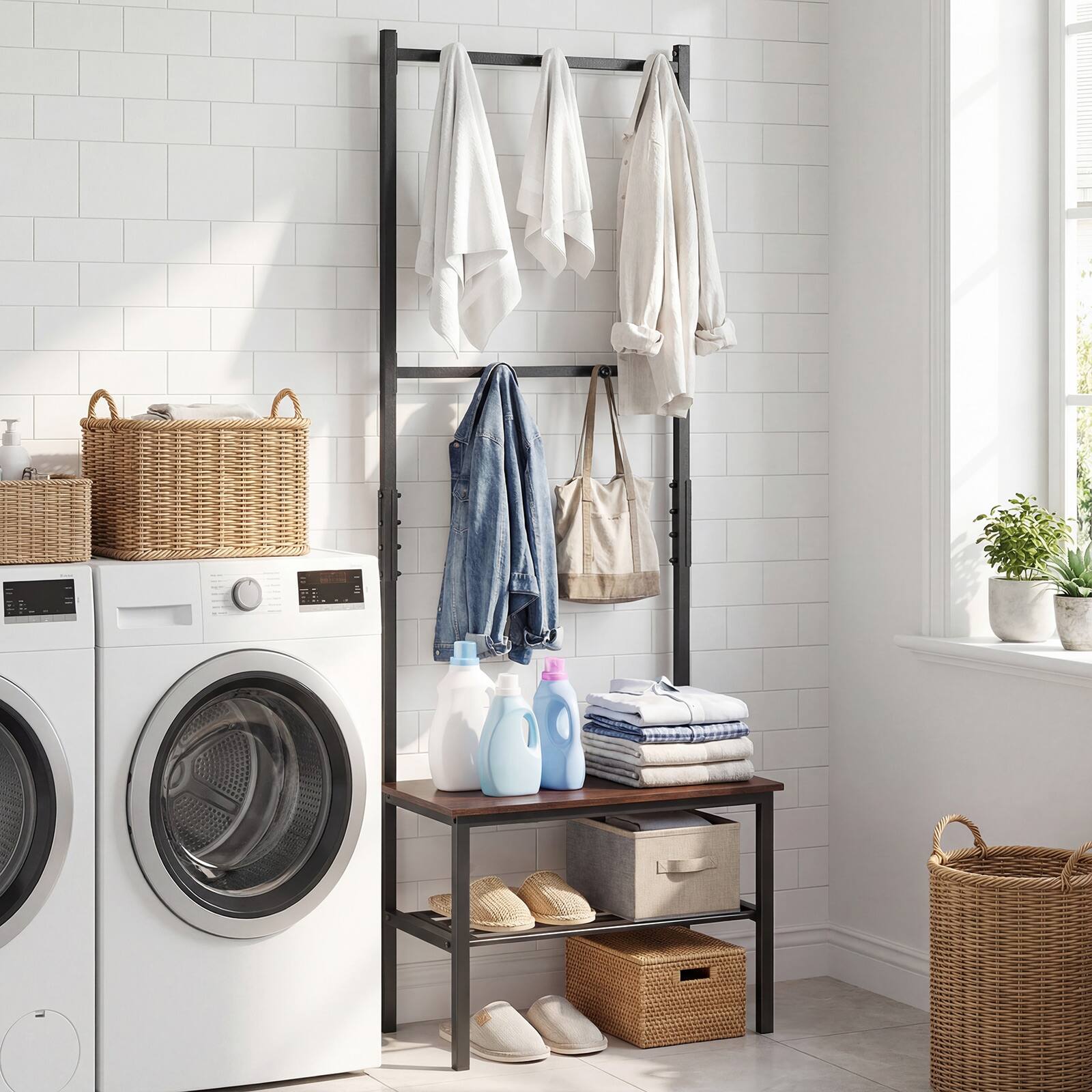 Alt View 5. Gymax - Gymax 3-in-1 Hall Tree w/Hooks & Shoe Storage Heavy Duty Metal Frame for Entrance - Brown.