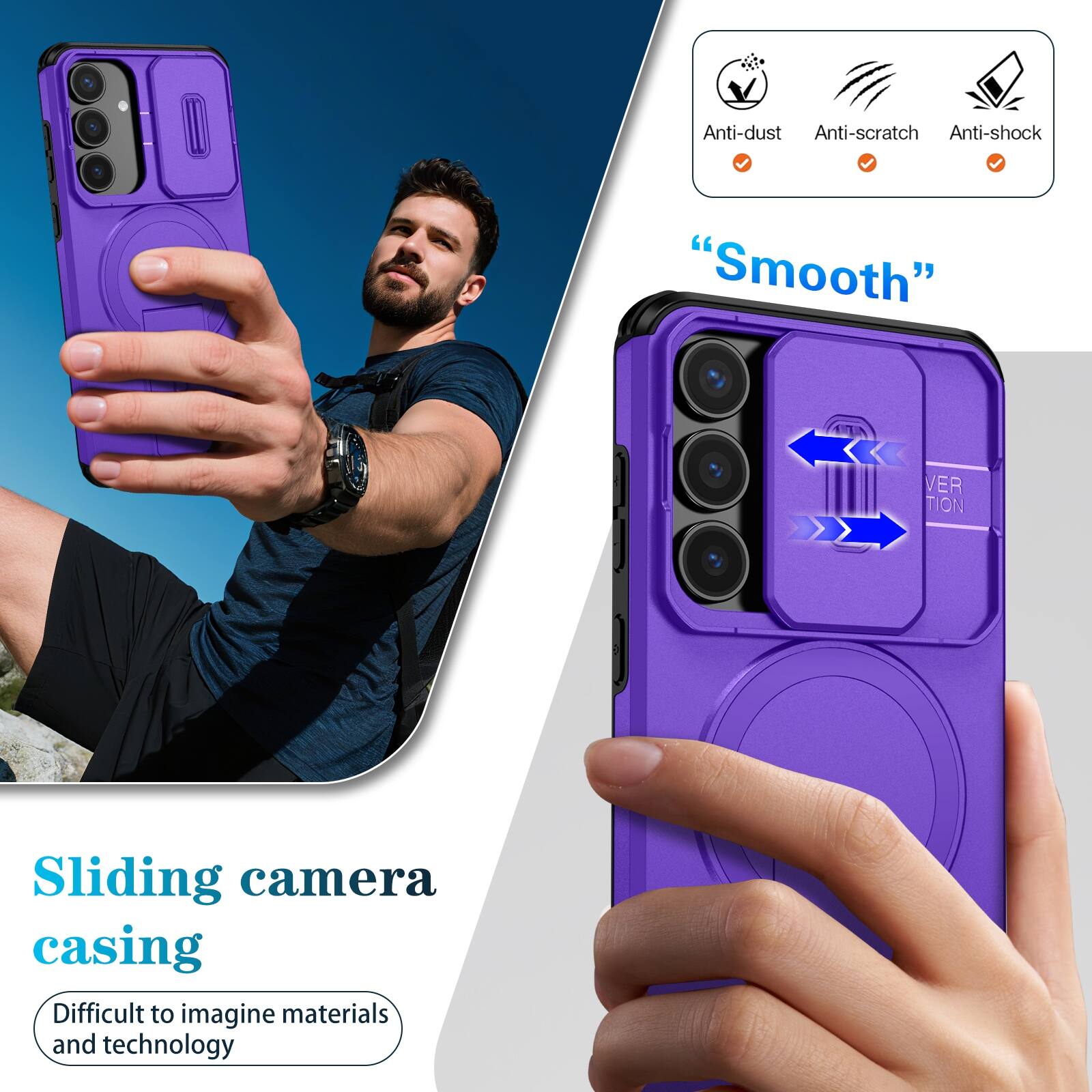 Anti-dust  
Anti-scratch  
Anti-shock  

"Smooth"  

Sliding camera casing  
Difficult to imagine materials and technology