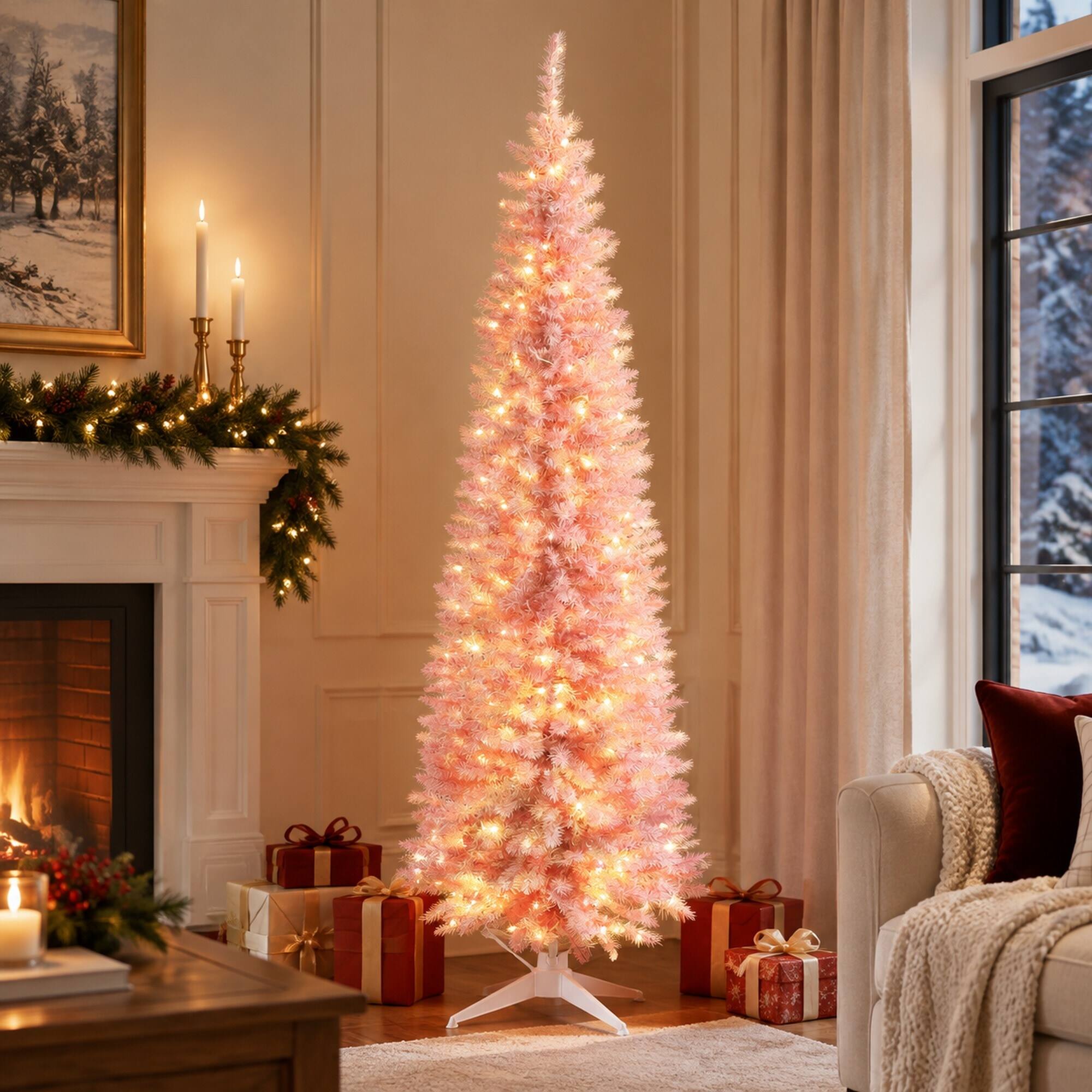 Angle. RYHNUYNE - 7 Ft Slim Noble Fir Pink Artificial Christmas Tree With 200 Warm White LED Lights, 499 Tips Metal Stand Decor - Pink.