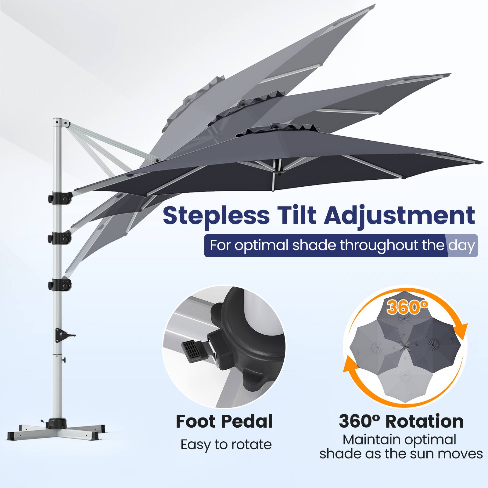 Stepless Tilt Adjustment  
For optimal shade throughout the day  

360° Foot Pedal  
Easy to rotate  

360° Rotation  
Maintain optimal shade as the sun moves