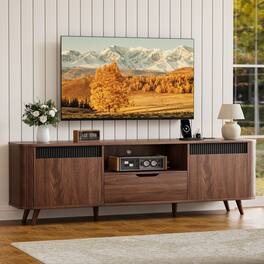Furnulem - TV Stand For TVs Up To 65 Inch Tambour Sliding Door Storage Cabinet With Charging Station Wood Modern Entertainment - American Walnut