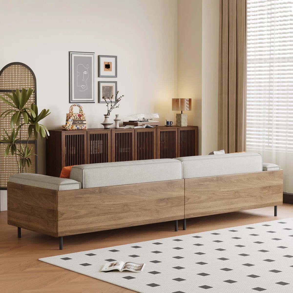 Left. luck idea - 111.81" Mid-Century 4-Seater Sofa, Linen Fabric Couch with Walnut Wood Arm Panels & 3 Throw Pillows for Living Room - Gray.