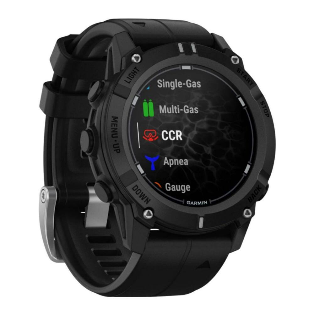 The text on the image reads:

"Light Single-Gas Multi-Gas Menu-Up CCR Apnea Gauge Down Garmin Start Stop Back."