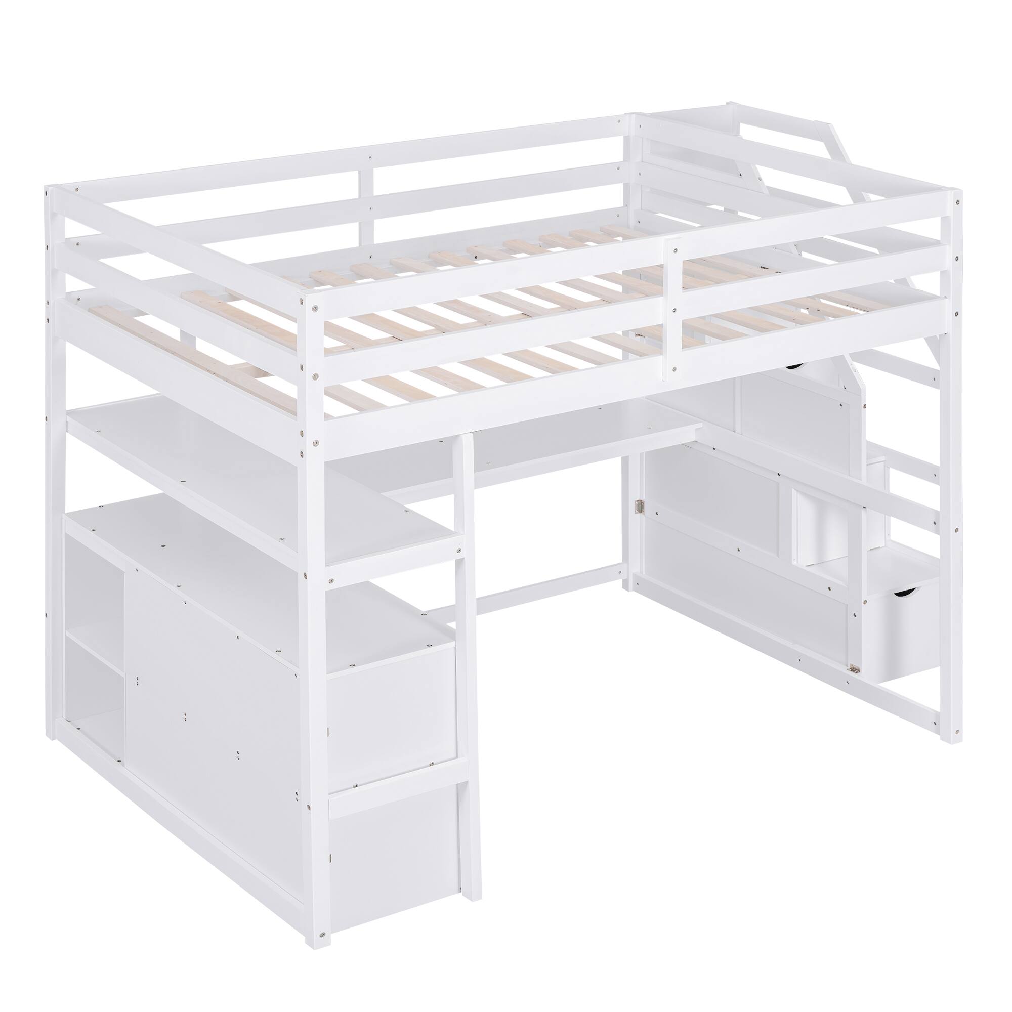 Alt View 9. Tiramisubest - Full Size Loft Bed with Desk, Shelves, Drawers & Storage Staircase, White Pine Wood - White.