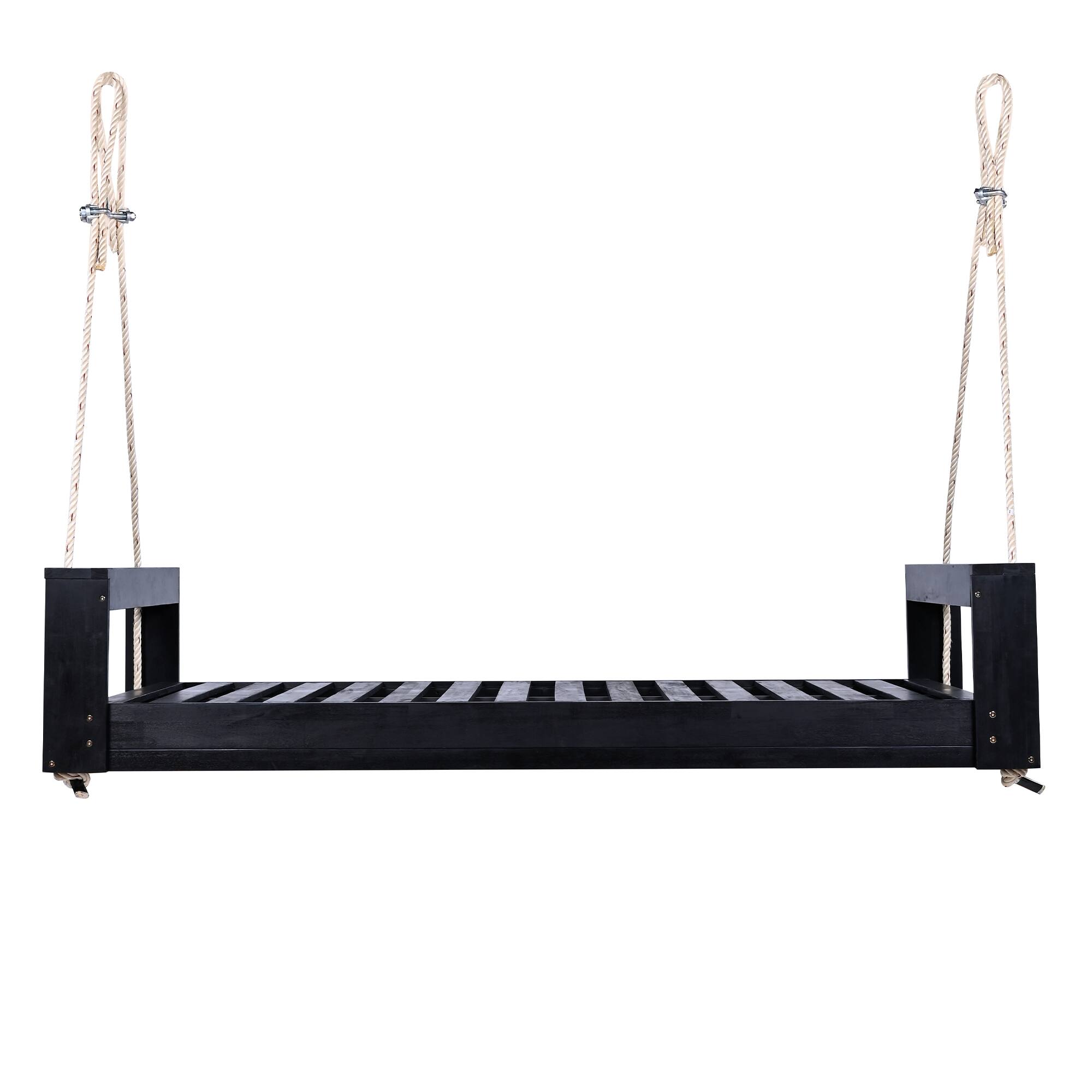 Alt View 5. GOODSILO - Twin Size Porch Swing Bed - Acacia Wood Swing Frame with Hemp Ropes for Garden & Backyard - Black.