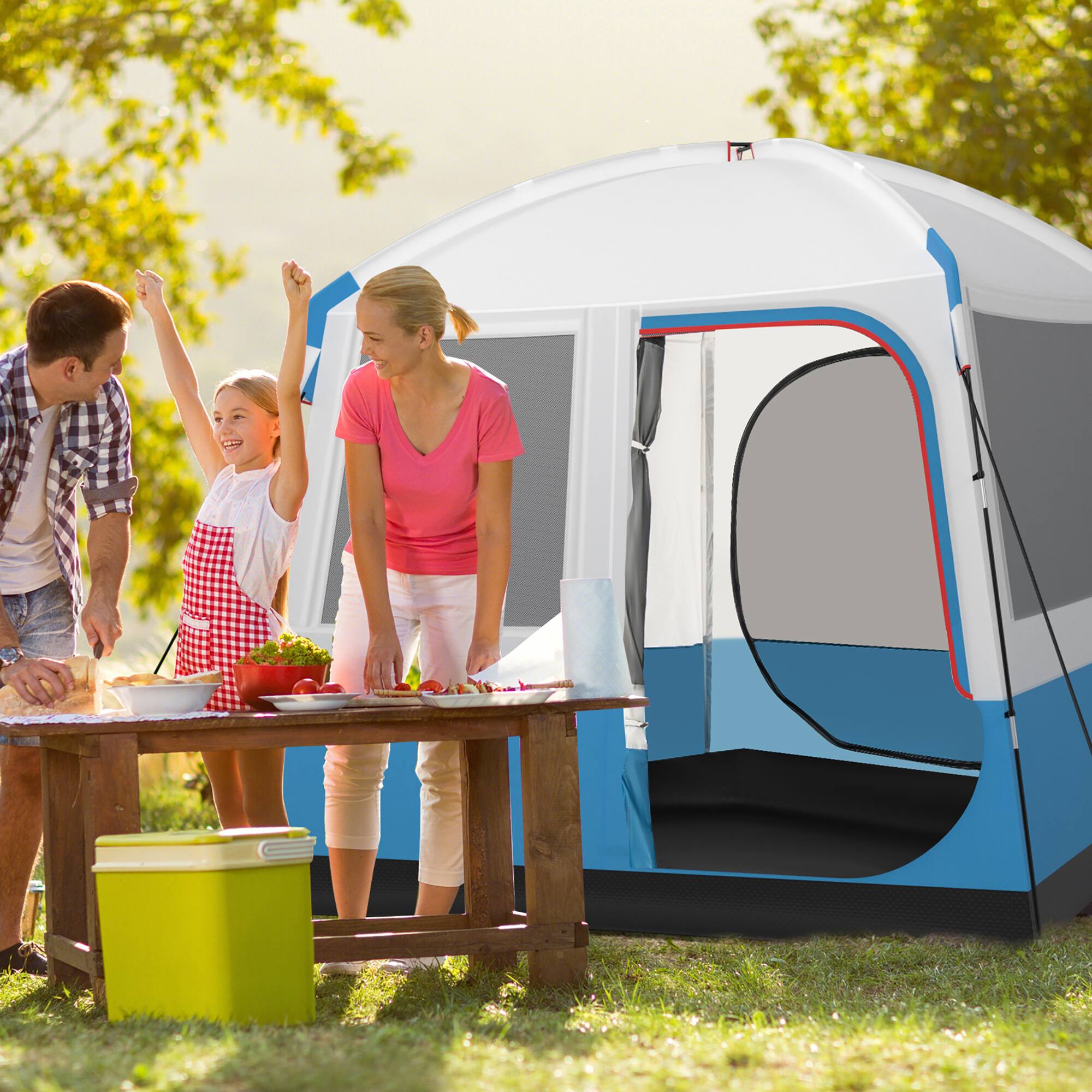 Alt View 1. Gymax - Gymax Camping Tent for 3-5 People Cabin Shelter w/ Large Double-Layer Mesh Front Door - Blue, White.