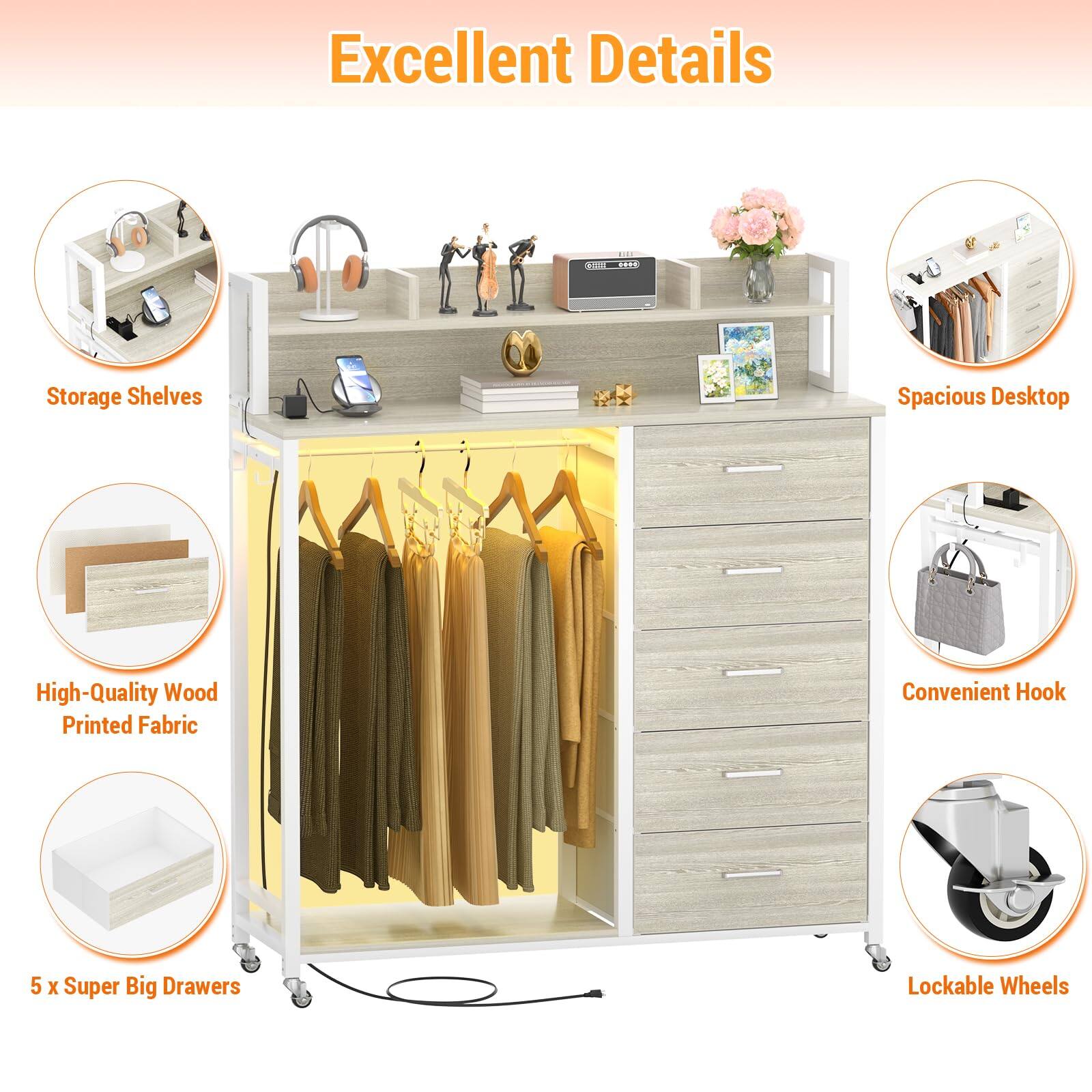 Excellent Details

- Storage Shelves
- High-Quality Wood Printed Fabric
- 5 x Super Big Drawers
- Spacious Desktop
- Convenient Hook
- Lockable Wheels