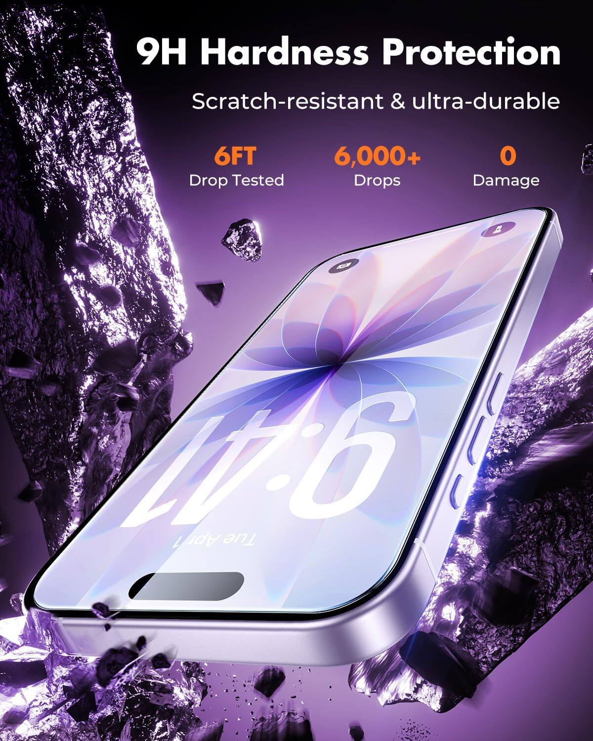 9H Hardness Protection  
Scratch-resistant & ultra-durable  
6FT Drop Tested  
6,000+ Drops  
0 Damage  

9:41  
Apr/1 Tue