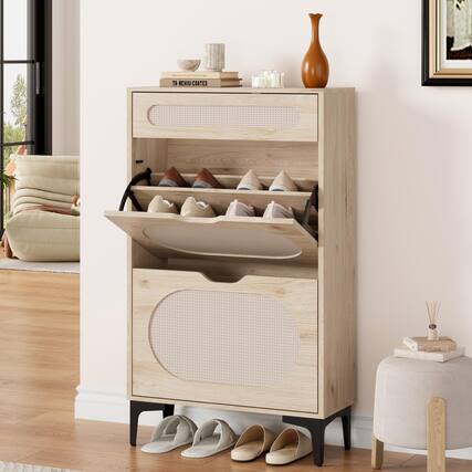 Front. Babevy - Rattan Shoe Cabinet with 2 Flip Drawers & Pull-Out Drawer, Freestanding Shoe Storage Organizer with Adjustable Shelf - Oak.