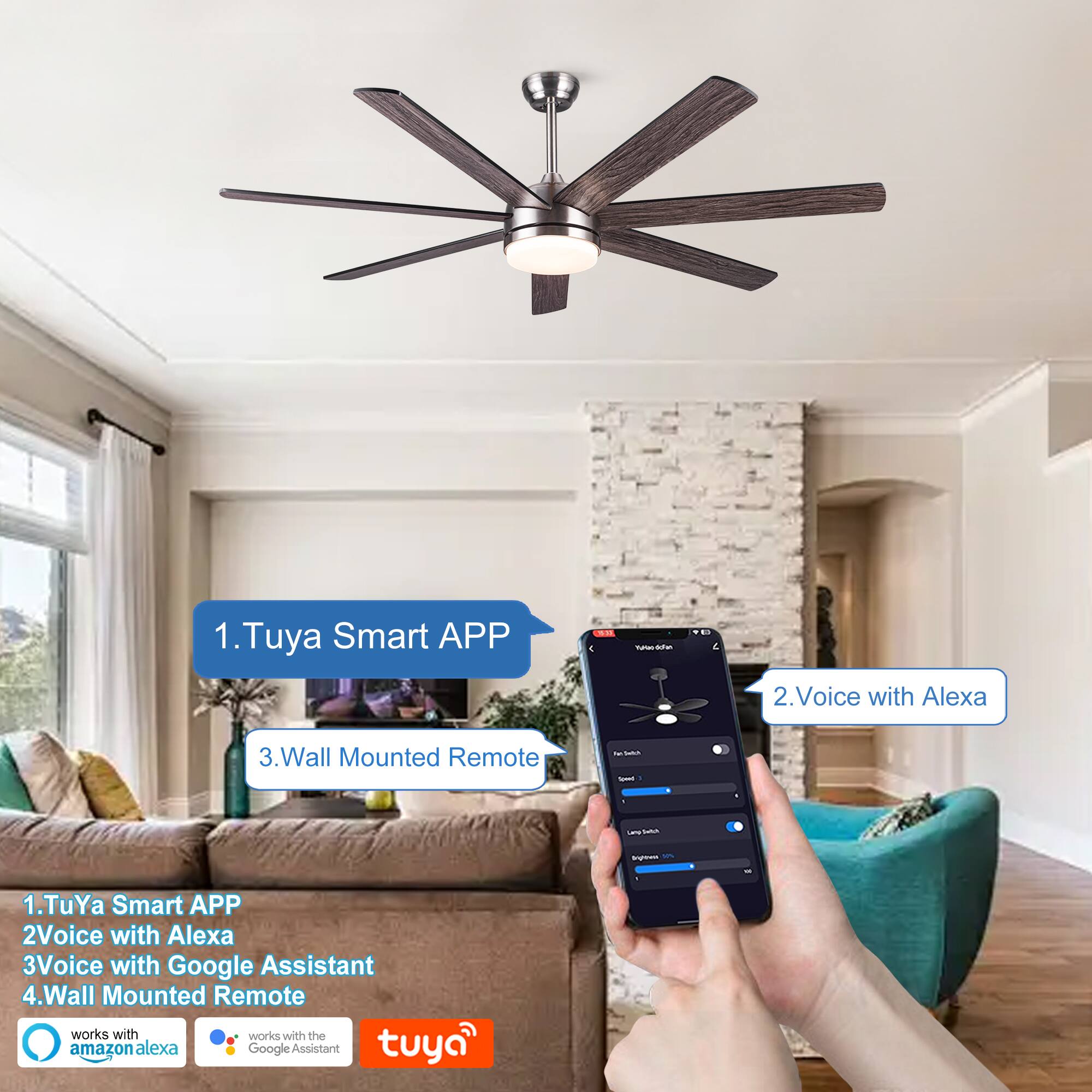 1. Tuya Smart APP  
2. Voice with Alexa  
3. Wall Mounted Remote  

1. Tuya Smart APP  
2. Voice with Alexa  
3. Voice with Google Assistant  
4. Wall Mounted Remote  

works with amazon alexa  
works with the Google Assistant  

tuya