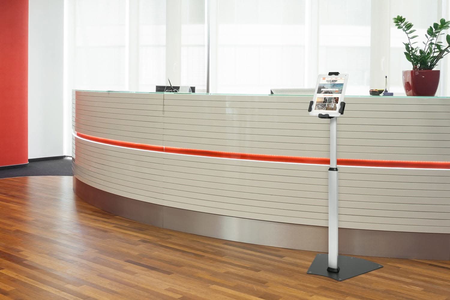 Angle. Mount-It! - Anti‑Theft Tablet Floor Stand with Adjustable Height & Locking Enclosure for Most 7.9″‑11″ Tablets, Silver - Silver.