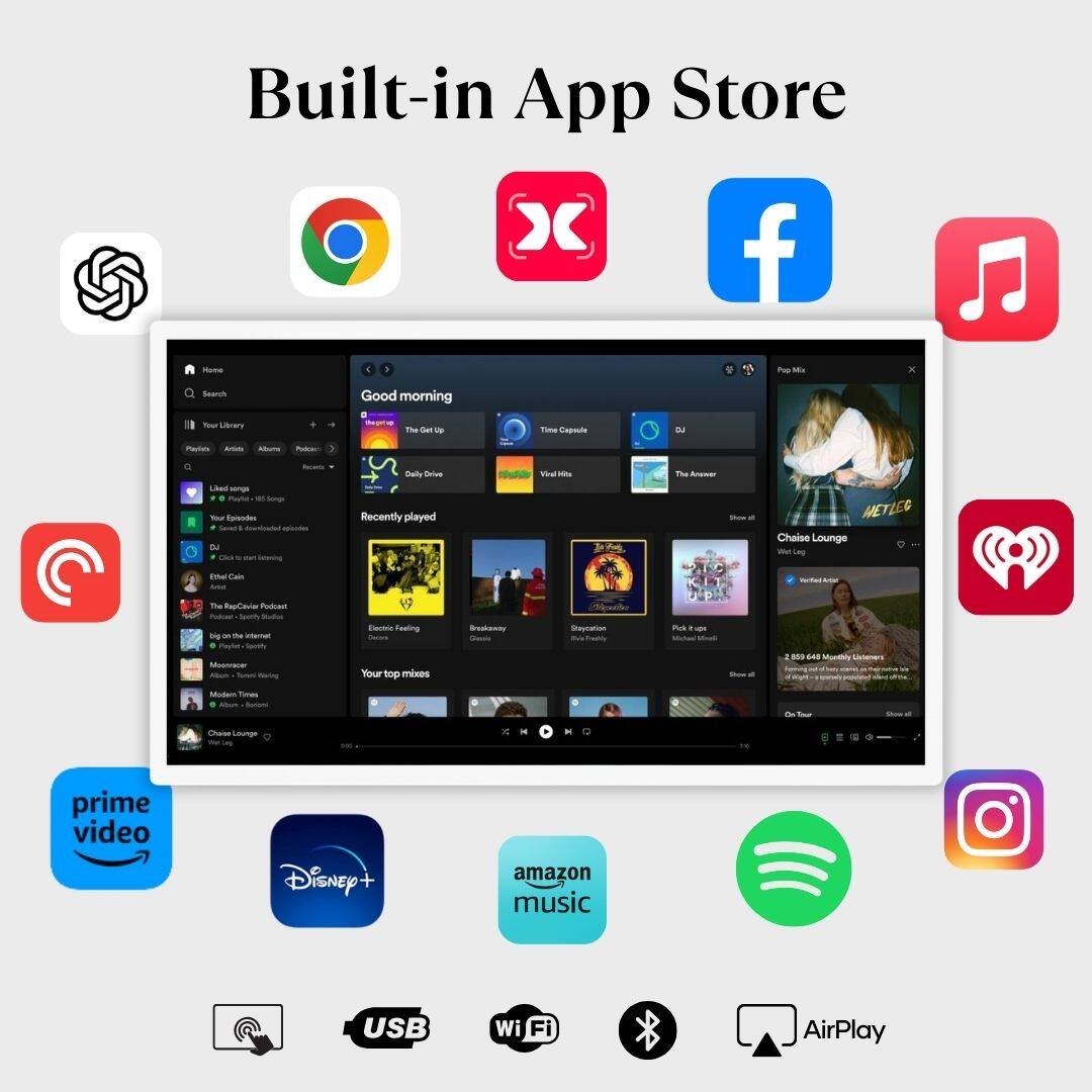 Built-in App Store

- Google Chrome
- Spotify
- Facebook
- Music
- Prime Video
- Disney+
- Amazon Music
- Instagram
- AirPlay
- USB
- Wi-Fi

Good morning

- The Get Up
- Daily Drive
- Chaise Lounge
- Recently played
- Your top mixes

Podcasts
- The Reggae Podcast
- Modern Times
- Chaise Lounge

Mixes
- Chaise Lounge
- Electric Feeling
- Breakdown

Show all

- Feeling Your top mixes
- Bomenty
- MS 448
- Chaise Lounge Prime Video
- Disney
- Amazon Music
- USB
- Wi-Fi
- AirPlay
