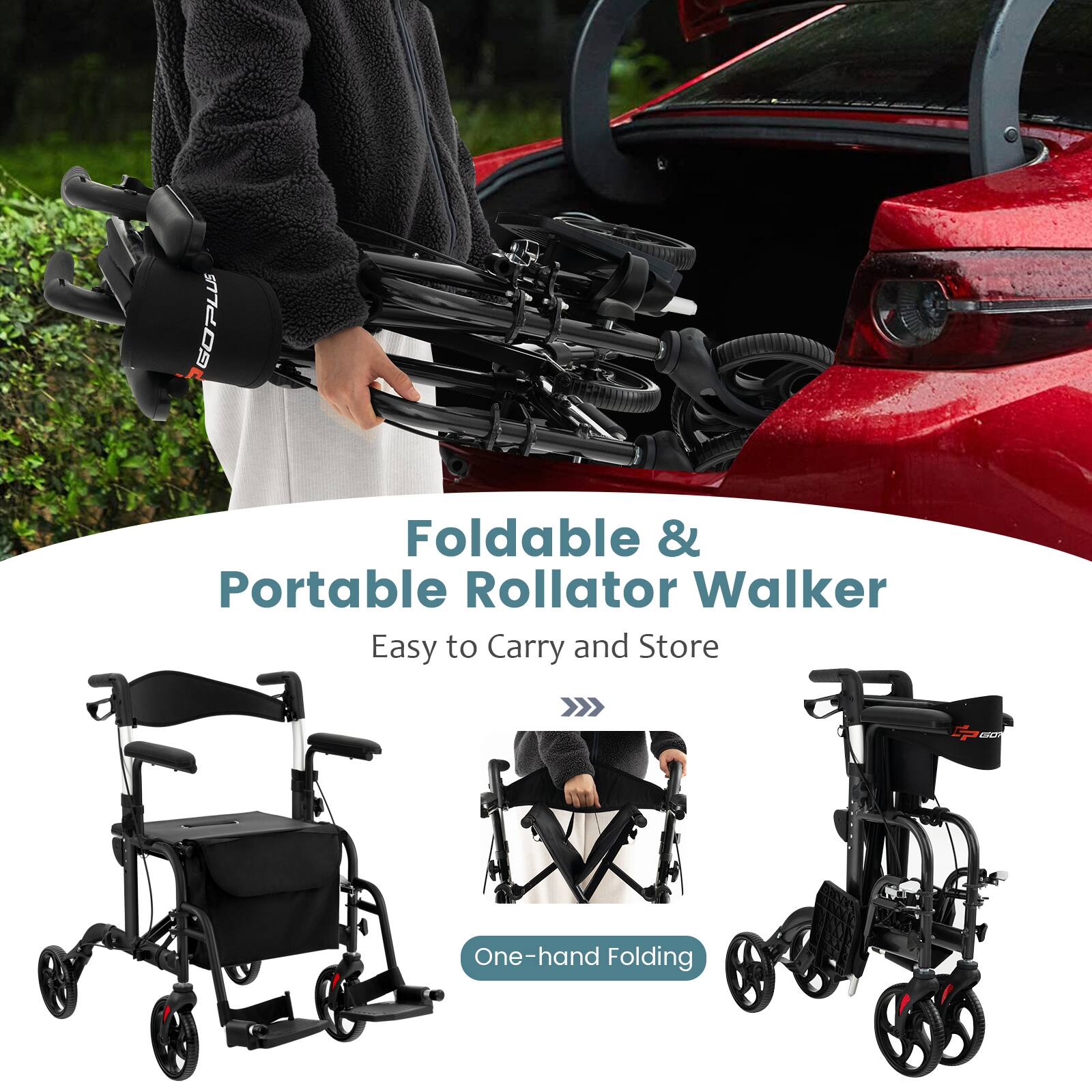 GOPLUS Foldable & Portable Rollator Walker Easy to Carry and Store One-hand Folding
