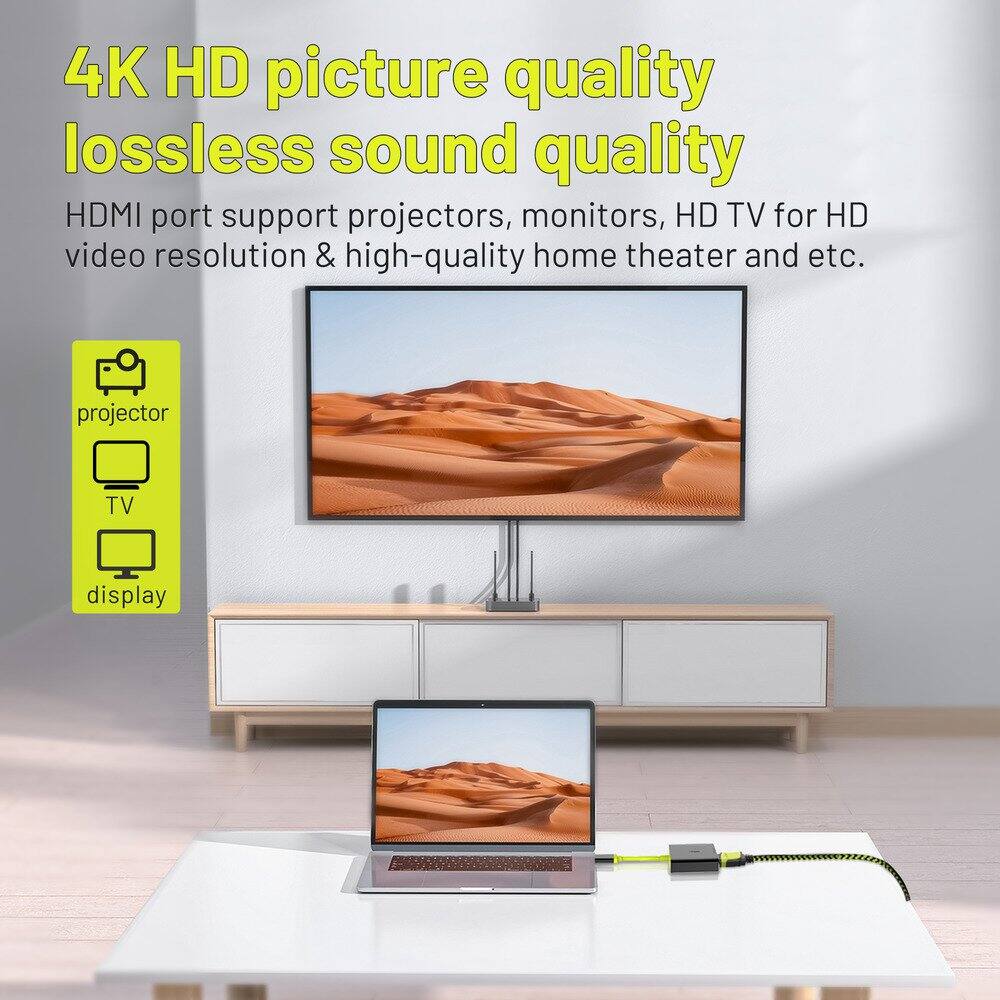 4K HD picture quality  
lossless sound quality  

HDMI port support projectors, monitors, HD TV for HD video resolution & high-quality home theater and etc.  

projector  
TV  
display
