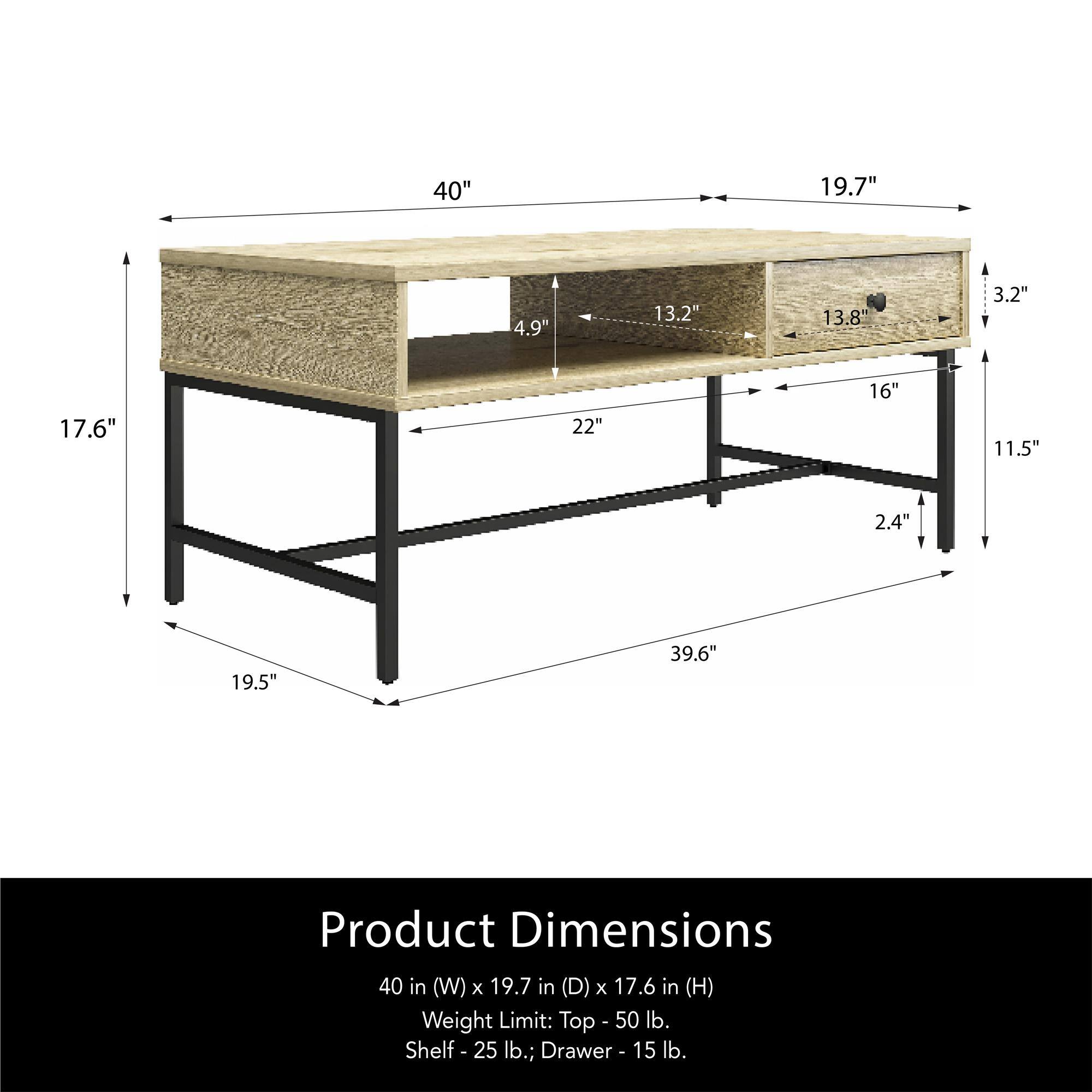 Product Dimensions  
40 in (W) x 19.7 in (D) x 17.6 in (H)  
Weight Limit: Top - 50 lb., Shelf - 25 lb., Drawer - 15 lb.