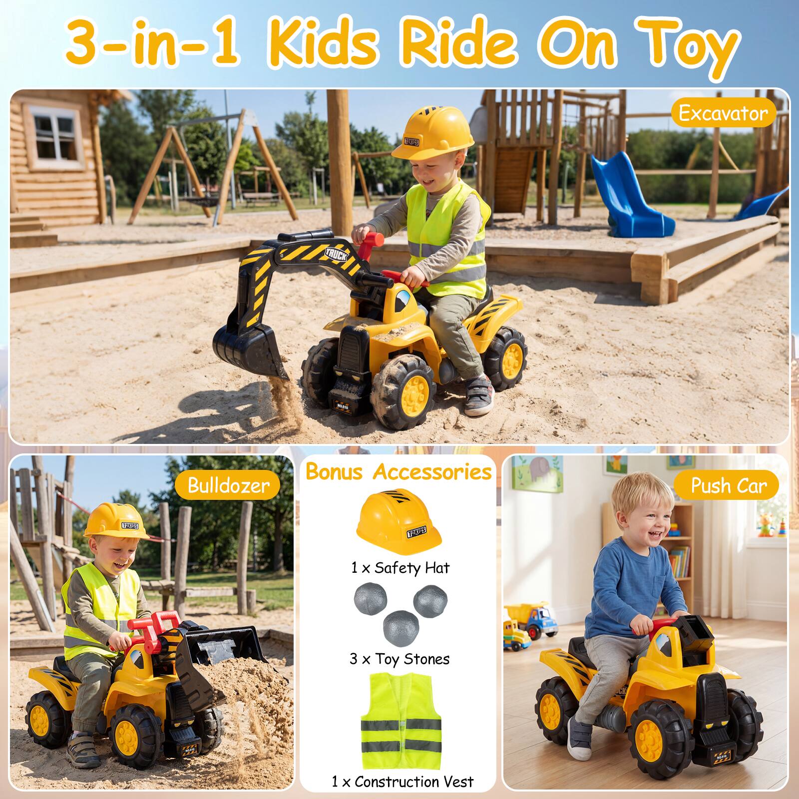 3-in-1 Kids Ride On Toy Excavator

FRUCK Bonus Accessories
- 1 x Safety Hat
- 3 x Toy Stones
- 1 x Construction Vest