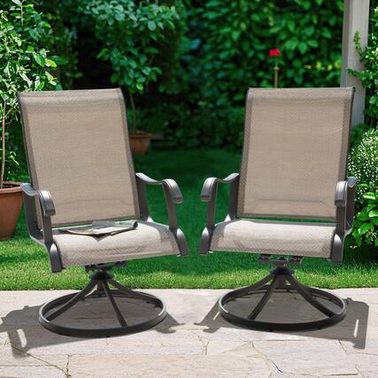Front. Nuu Garden - Patio 2-Piece Outdoor Textilene Dining Chairs with Smooth Swivel Design - Beige and Gray.