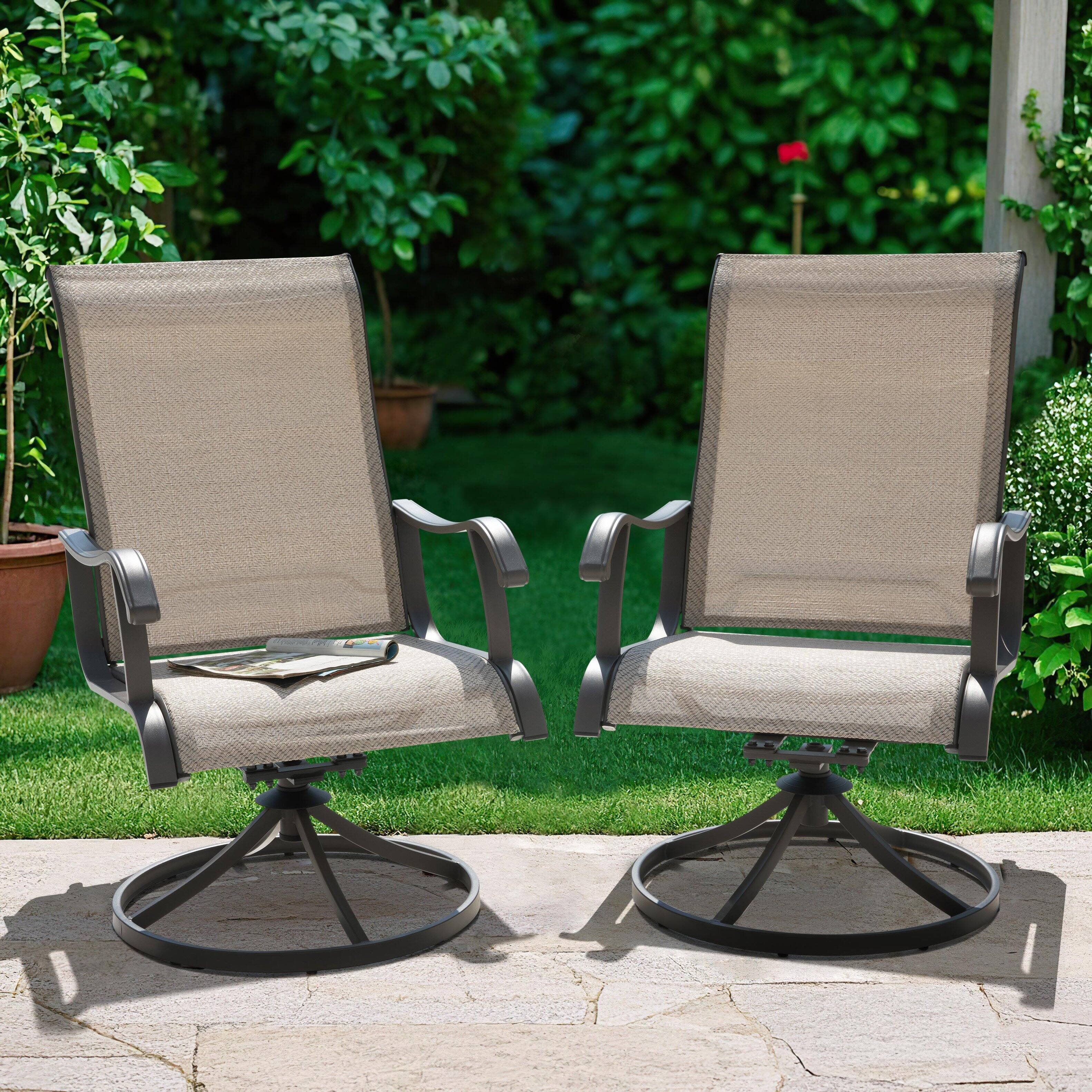 Front. Nuu Garden - Patio 2-Piece Outdoor Textilene Dining Chairs with Smooth Swivel Design - Beige and Gray.