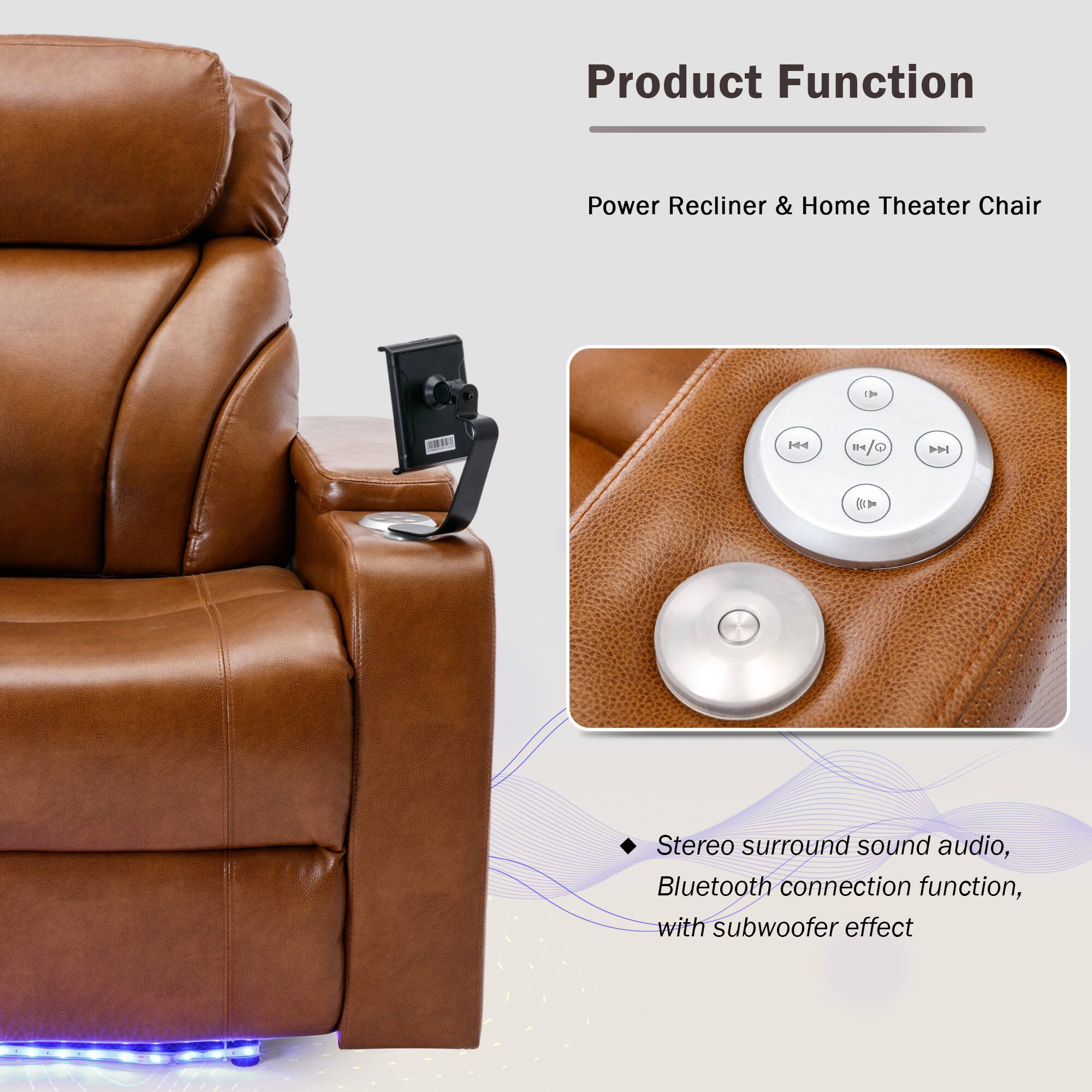Product Function

Power Recliner & Home Theater Chair

- Stereo surround sound audio, Bluetooth connection function, with subwoofer effect