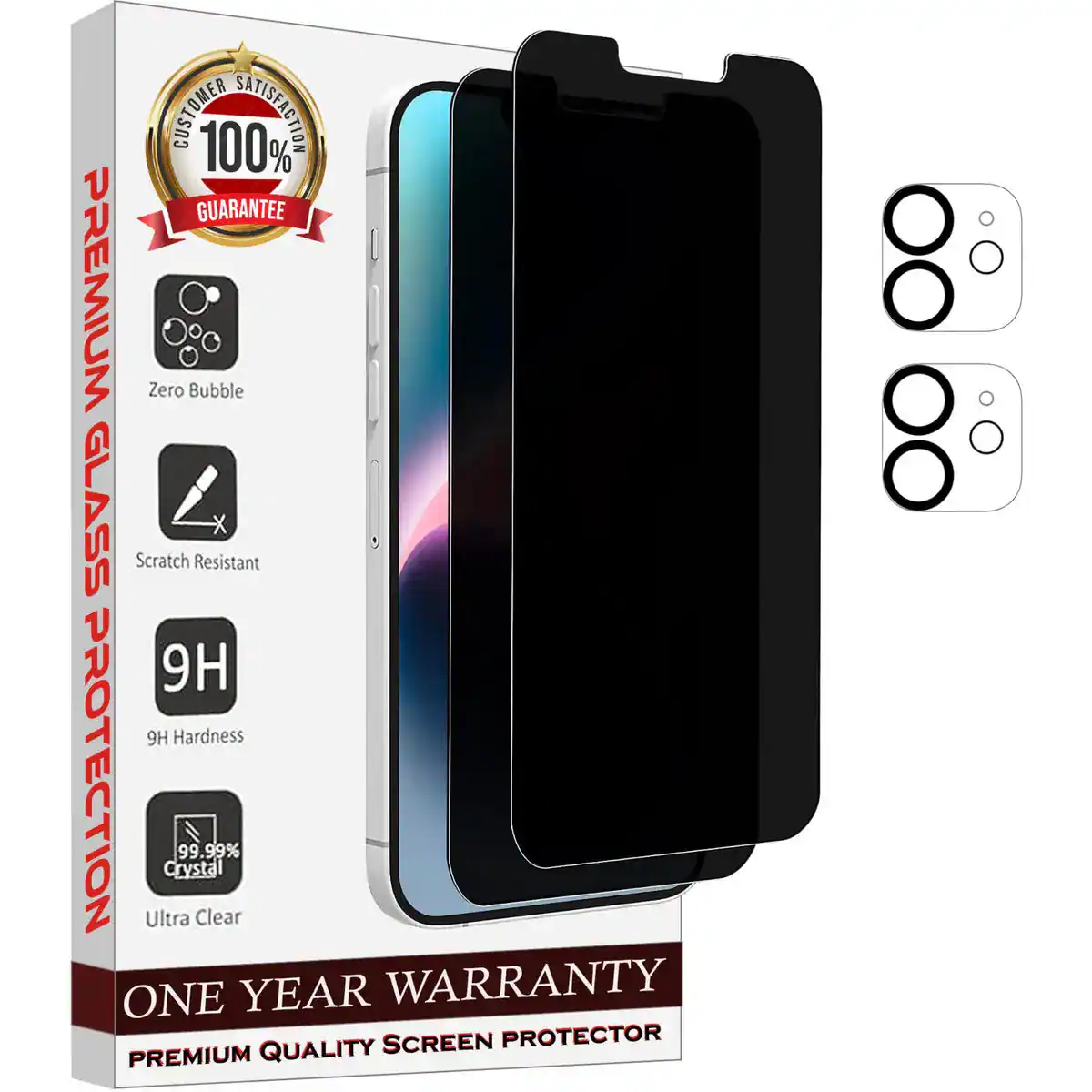 CUSTOMER 100% SATISFACTION GUARANTEE PREMIUM Zero Bubble GLASS Scratch Resistant 9H 9H Hardness PROTECTION ONE PREMIUM Ultra Crystal 99.99% Clear YEAR QUALITY SCREEN WARRANTY PROTECTOR