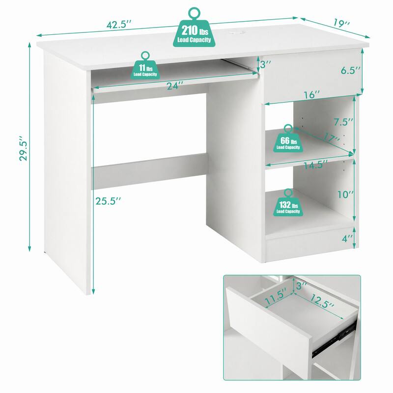 42.5" 210 lbs Load Capacity  
19" 11 lbs Load Capacity  
24" 3" 16" 6.5" 29.5" 7.5" 66 lbs Load Capacity  
17" 14.5" 25.5" 132 lbs Load Capacity  
10'1 4" 3" 11.5" 12.5"