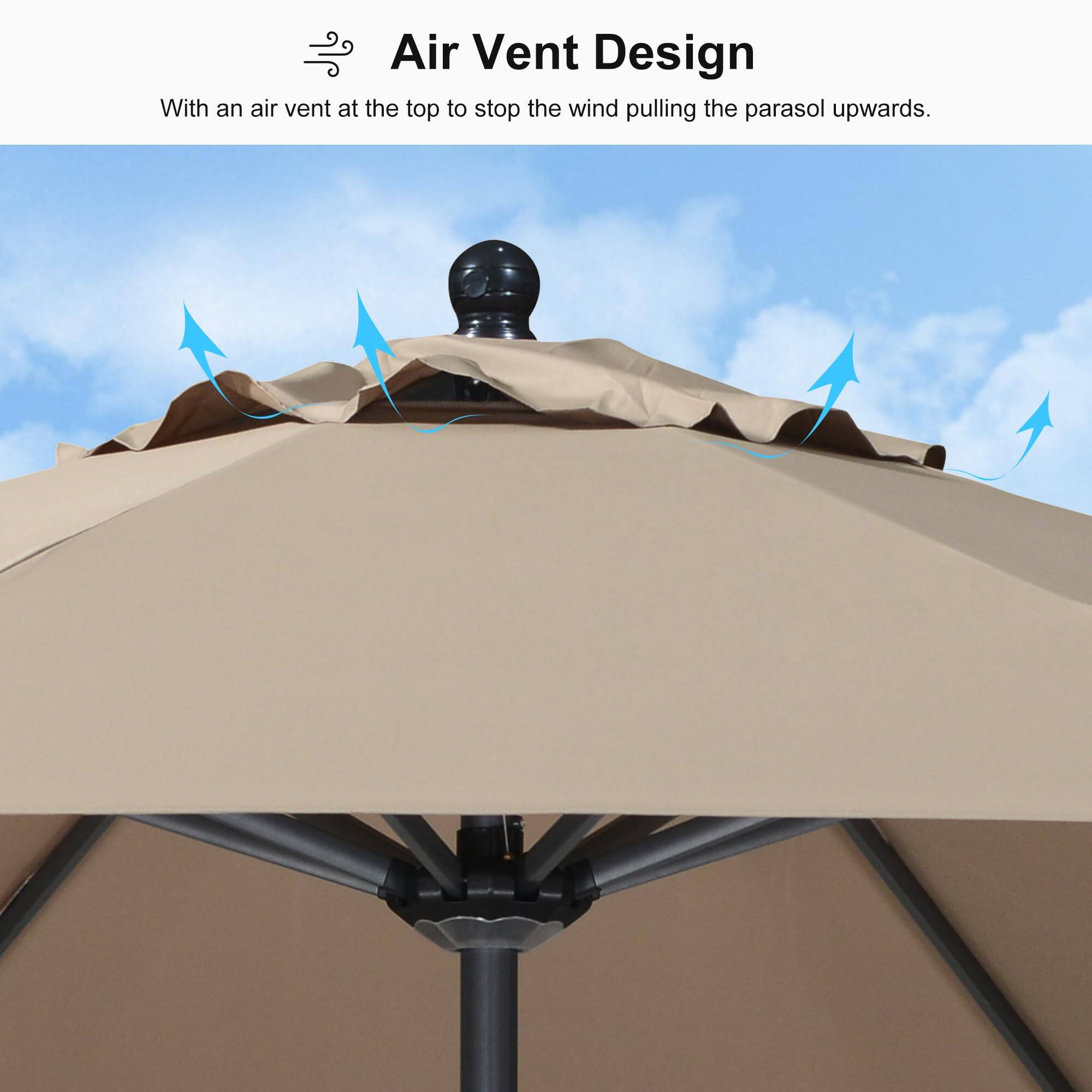 Air Vent Design

With an air vent at the top to stop the wind pulling the parasol upwards.