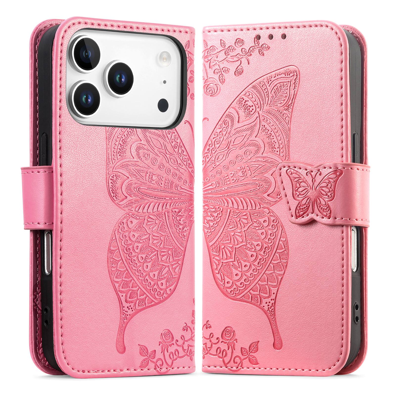 Angle. Dteck - Wallet Case for Apple iPhone 17 Pro Max, Embossed Butterfly Pattern Leather Card Slots Flip Stand Cover+Strap - Pink.