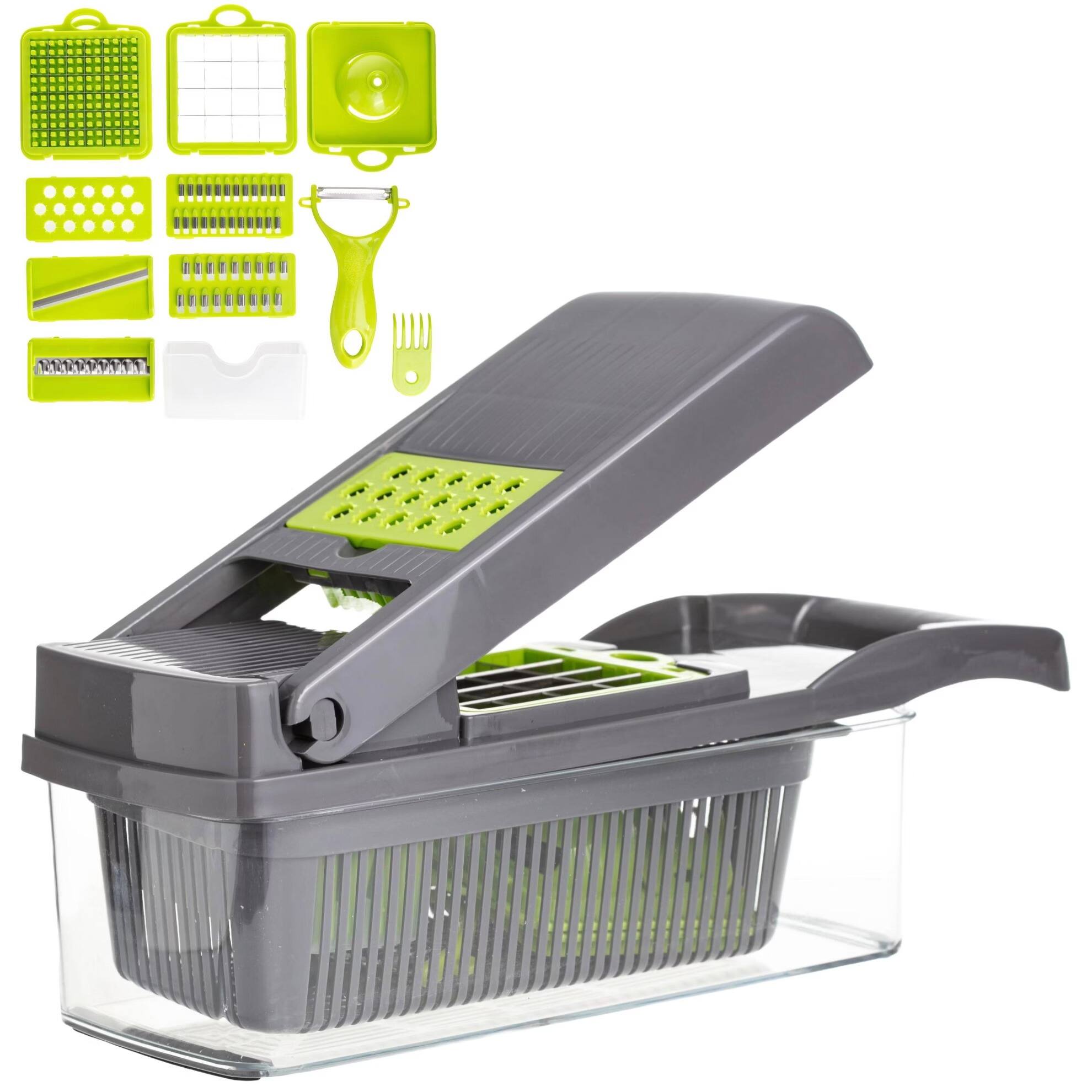 Front. Luminuxe - All-In-One Vegetable Chopper & Meal Prep Container with 7 Blades and Strainer Basket.
