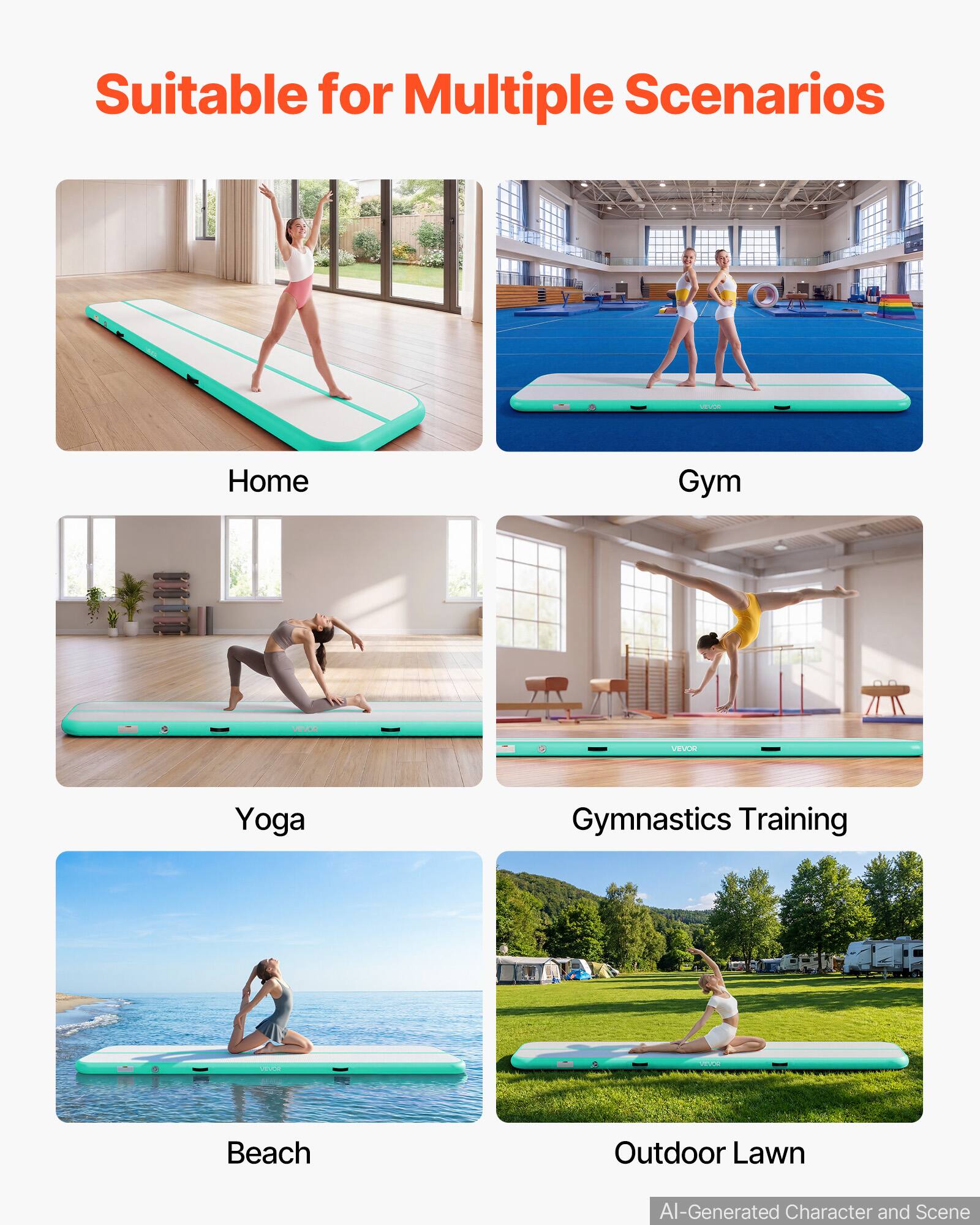Suitable for Multiple Scenarios

Home Gym VEUCO

- Home
- Gym
- Yoga
- Gymnastics Training
- Beach
- Outdoor Lawn

AI-Generated Character and Scene