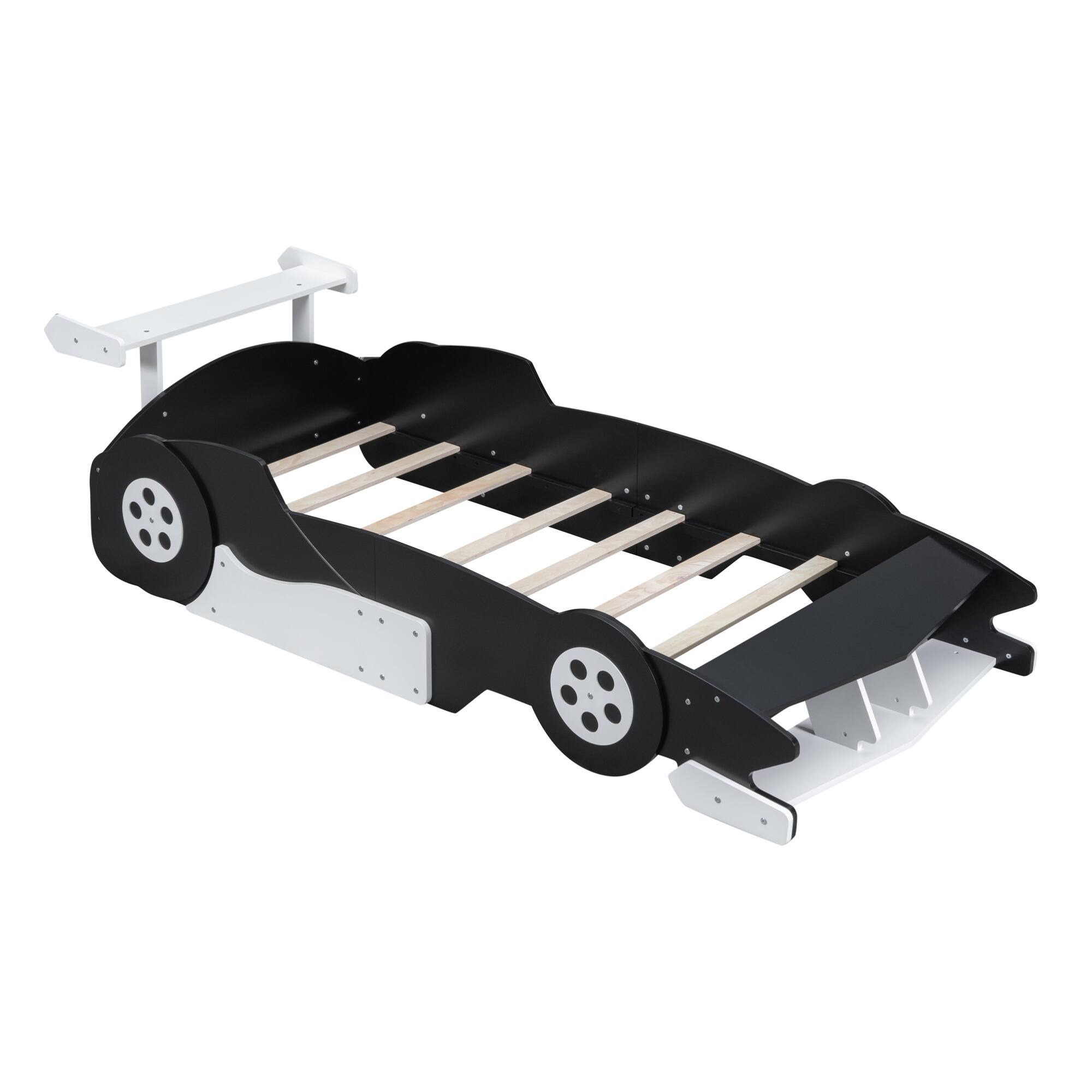 Alt View 1. GOODSILO - Twin Size Youth Race Car Themed Platform Bed with Side Rails and Decorative Wheels - Black.