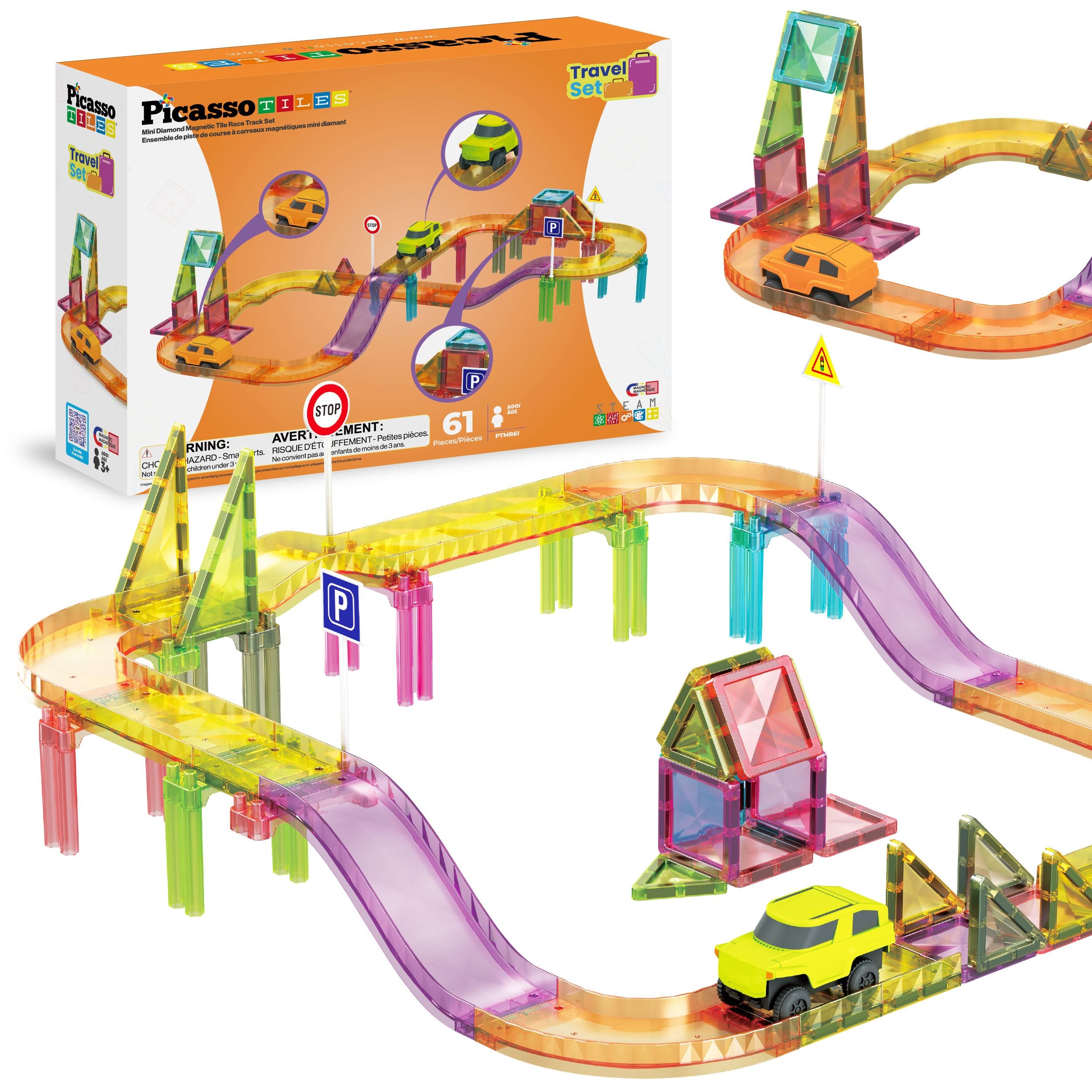 PicassoTiles - Magnetic Tiles for Kids, 61PC Mini Diamond Race Track Set, STEM Construction Travel Toy