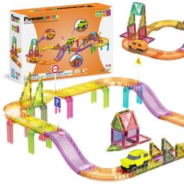 PicassoTiles - Magnetic Tiles for Kids, 61PC Mini Diamond Race Track Set, STEM Construction Travel Toy