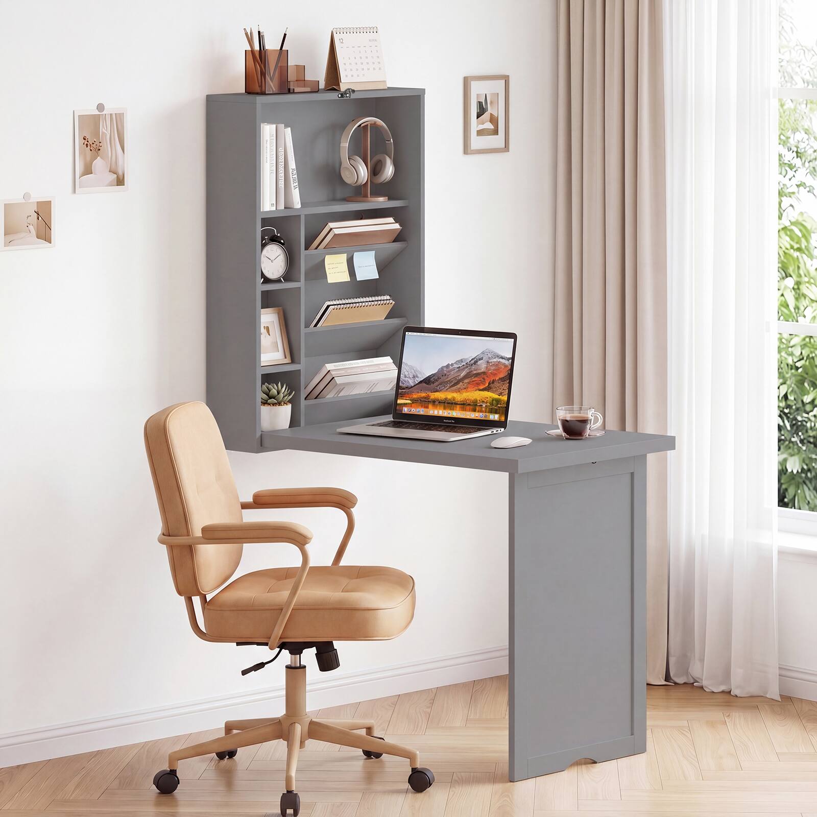 Alt View 1. Costway - Wall Mounted Computer Convertible Desk with Bookcases - Grey.