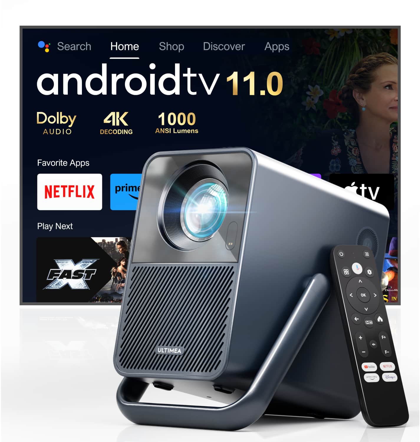 androidtv 11.0, Search, Home, Shop, Discover, Apps, Dolby AUDIO, 4K DECODING, 1000 ANSI Lumens, Favorite Apps, NETFLIX, prim tv, Play Next, FAST, BB, OK, MU, IN, V, f, DE, ULTIMEA, +, -