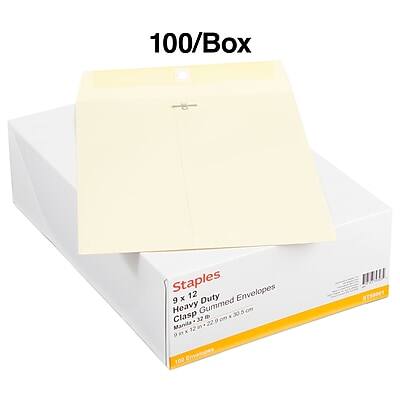 100/Box  
Staples  
9 x 12 Heavy Duty Clasp Envelopes  
Gummed  
30 5 on Clasp  
ID 22 9  
Manila 12 9  
100