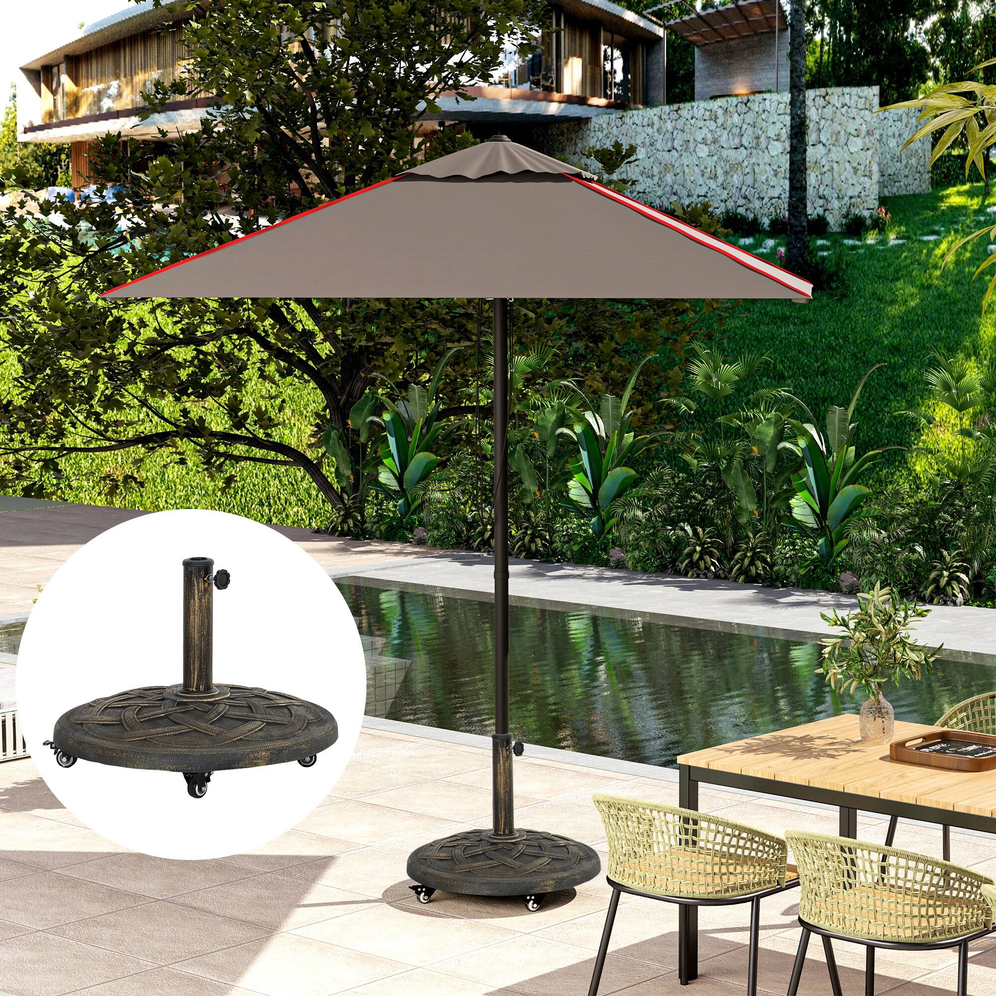 Alt View 4. Outsunny - Round Patio Umbrella Base with Wheels, 44 lbs Resin Umbrella Stand Base, Heavy Duty Patio Umbrella Holder - Bronze.