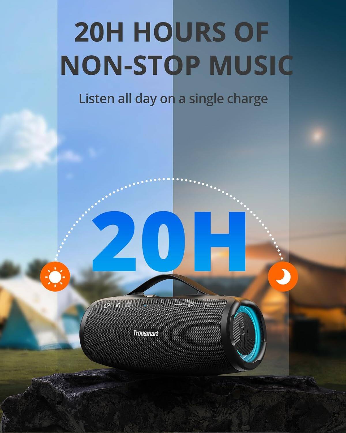 20 Hours of Non-Stop Music: Listen all day on a single charge.