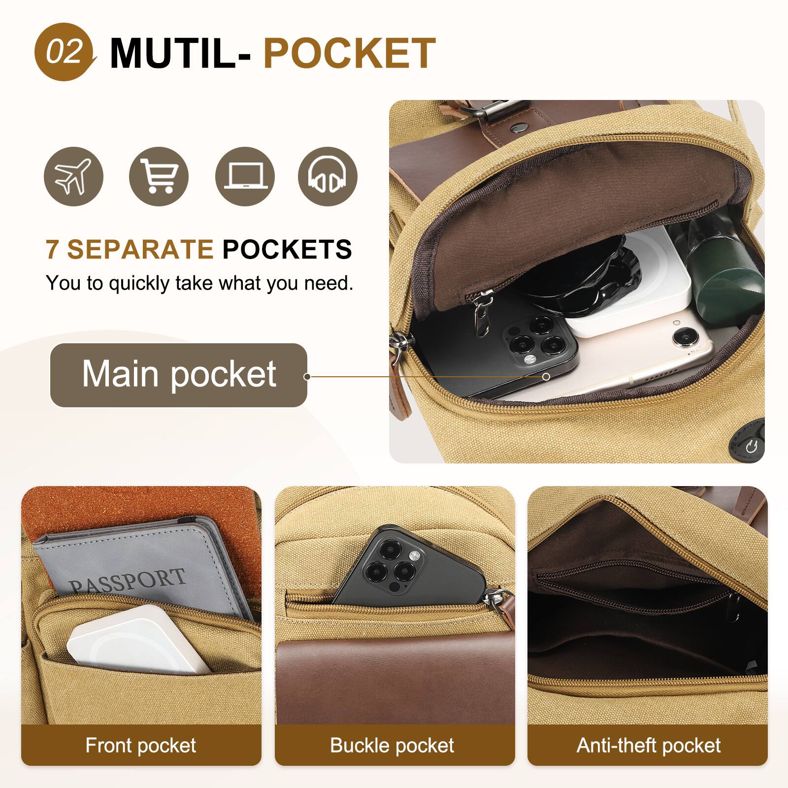 02 MUTIL-POCKET

7 SEPARATE POCKETS  
You can quickly take what you need.

- Main pocket
- Front pocket
- Buckle pocket
- Anti-theft pocket