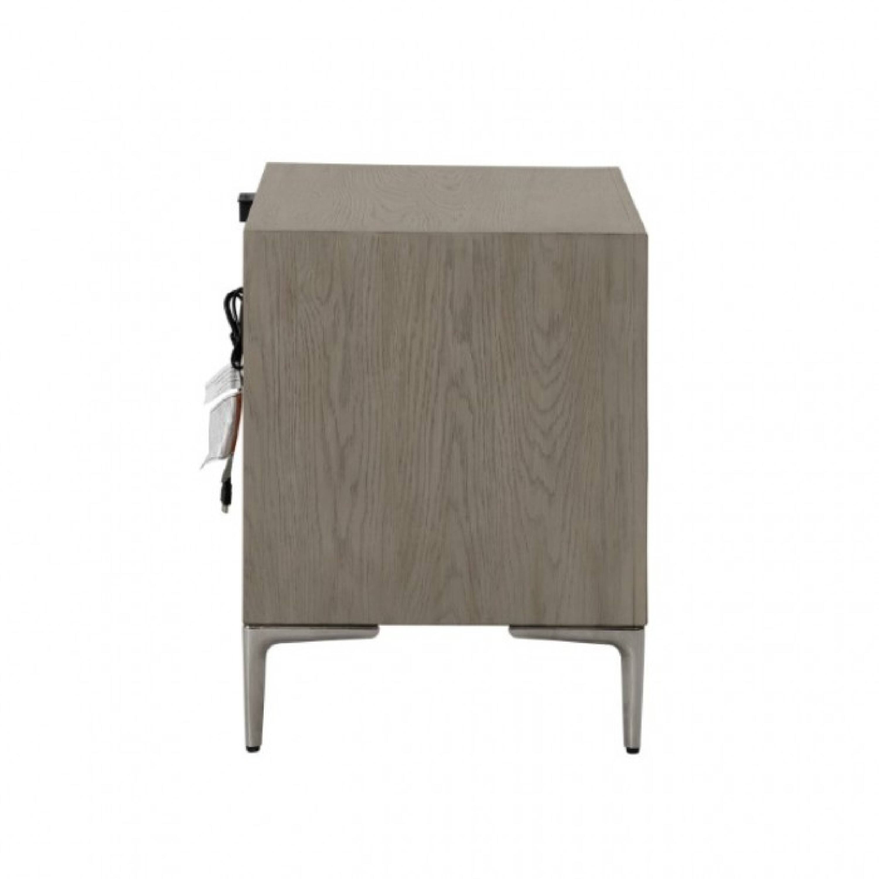 Alt View 2. Manhattan Lane - Kaira Nightstand with 2 USB Ports, Textured Metal - Natural Oak Brown, Silver, Champagne.