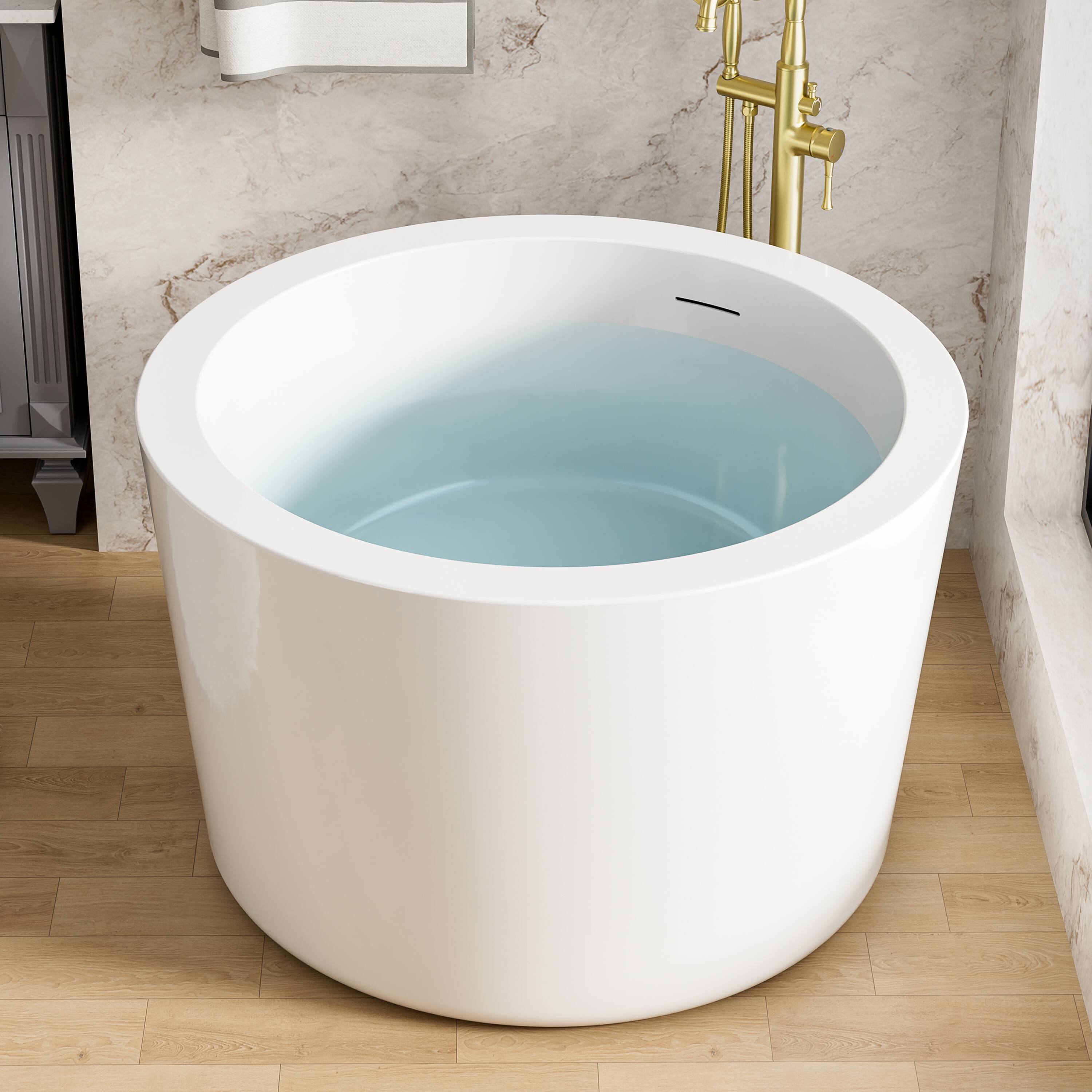 Front. WELLFOR - HINOKI 41 in. x 41 in. Pure Acrylic Round Soaking Bathtub with Center Drain and Overflow - White.