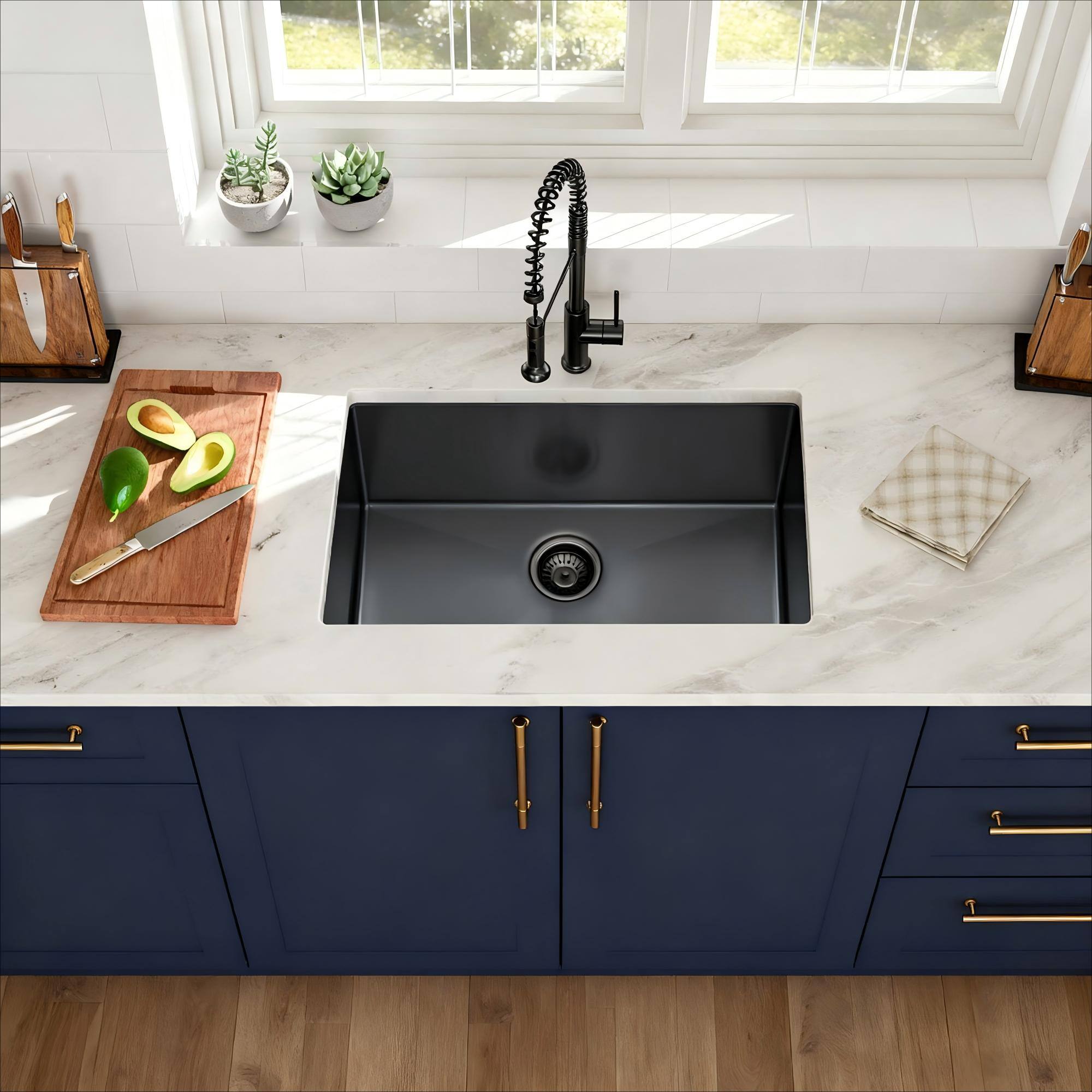 Left. Siljoy - 30"x18"x9" Gunmetal Black Undermount  Kitchen Sink 16 Gauge Single Bowl with Drain Assembly - Gunmetal Black.