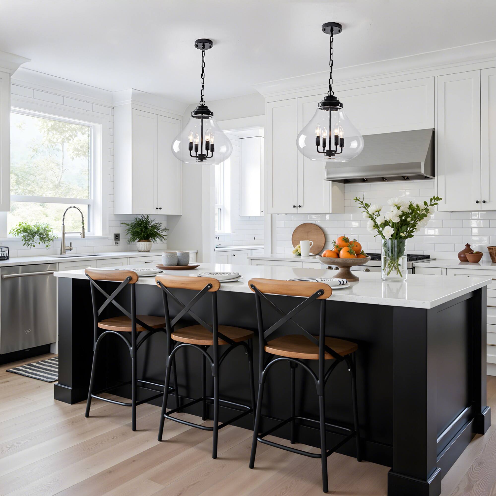 Alt View 1. RYHNUYNE - 13.77" Black Glass Pendant Light - Adjustable Industrial Hanging Light Fixture for Kitchen Island, Dining Room, Foyer.