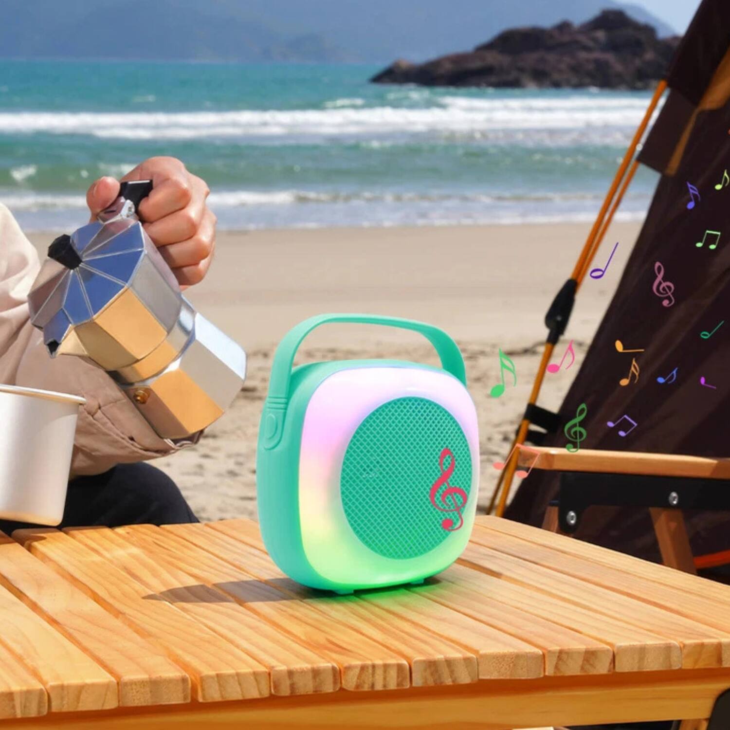 Left. Stock Preferred - Portable 6.5" Mini Bluetooth Speaker RGB Party Lights & Handle Green.