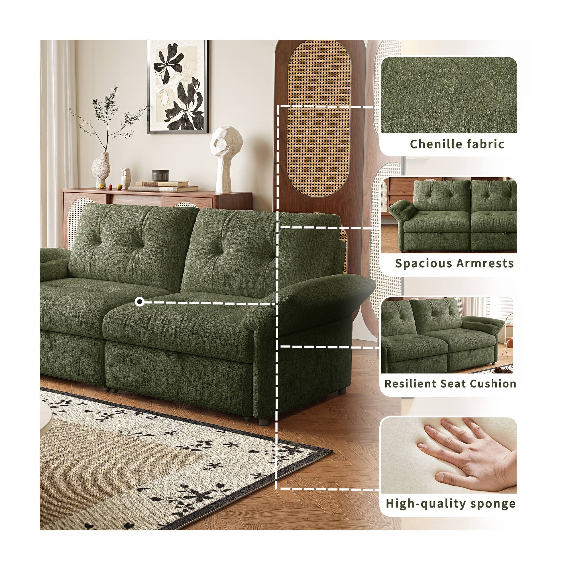 Chenille fabric  
Spacious Armrests  
Resilient Seat Cushion  
High-quality sponge