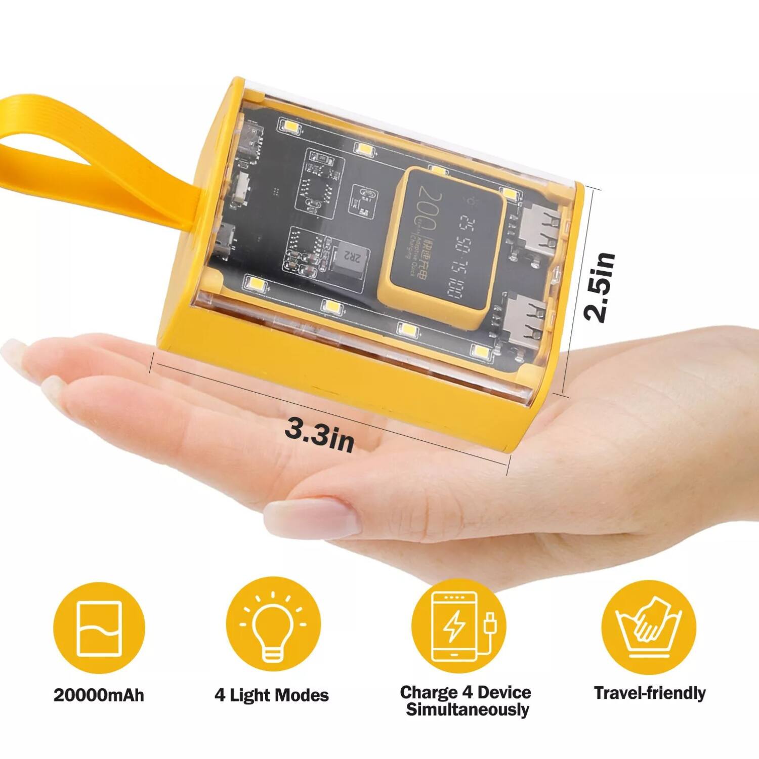 1119 F0 M 2R2 200 25 Cheroing Adptrn 50 Cuica E 0015L-0552 15 2.5in 3.3in 20000mAh 4 Light Modes Charge 4 Device Travel-friendly Simultaneously

- 20000mAh
- 4 Light Modes
- Charge 4 Device Simultaneously
- Travel-friendly

Dimensions: 2.5in x 3.3in