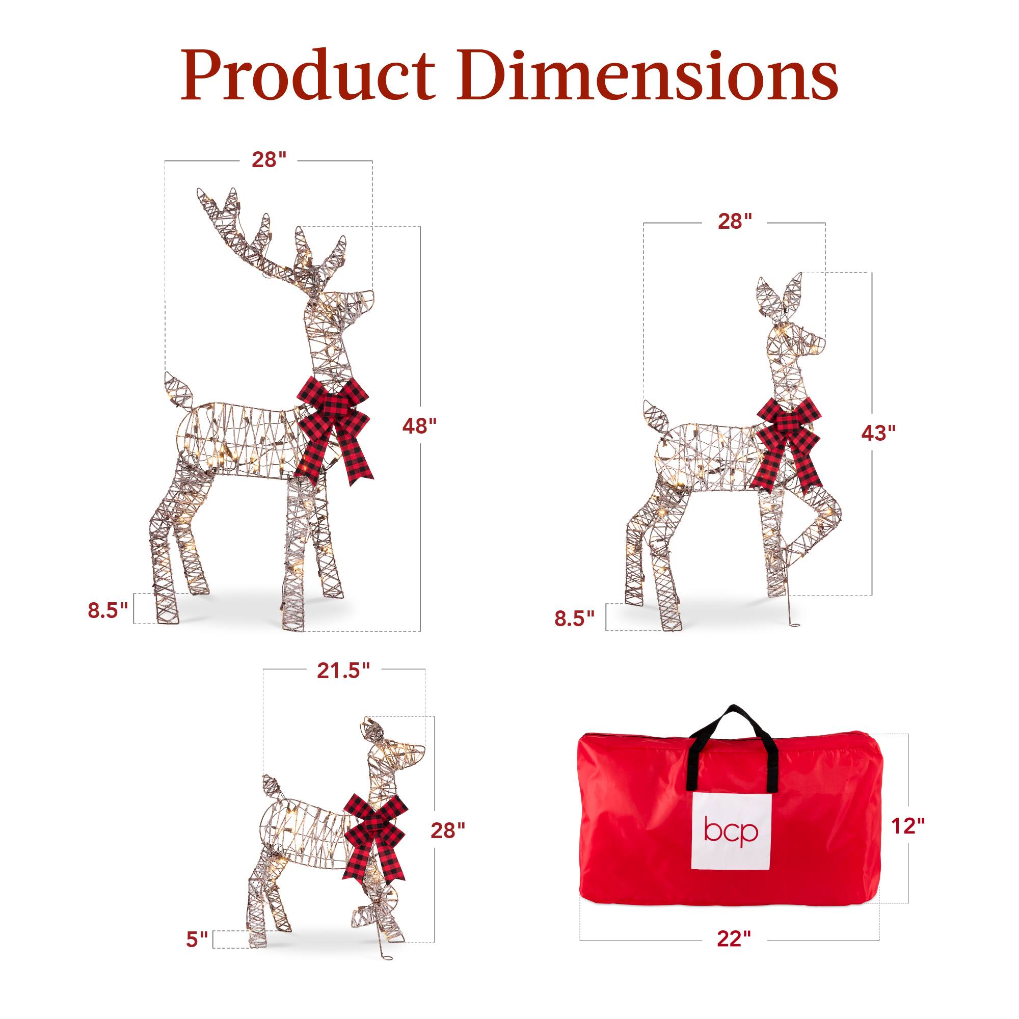 Product Dimensions

- Deer: 28" x 48" x 8.5"
- Deer: 28" x 43" x 8.5"
- Deer: 21.5" x 28" x 5"
- Bag: 22" x 12" x 5"