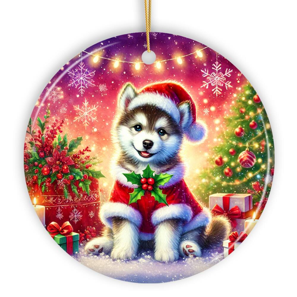 Front. OrnamentallyYou - Merry Holly Berry Siberian Husky Ornament Whimsical Christmas Tree Decor Circle - Multi-colored.