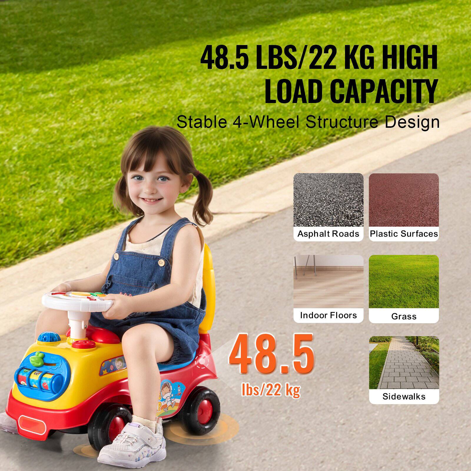 48.5 LBS/22 KG HIGH LOAD CAPACITY  
Stable 4-Wheel Structure Design  

Asphalt Roads  
Plastic Surfaces  
Indoor Floors  
Grass  
Sidewalks  

48.5 lbs/22 kg