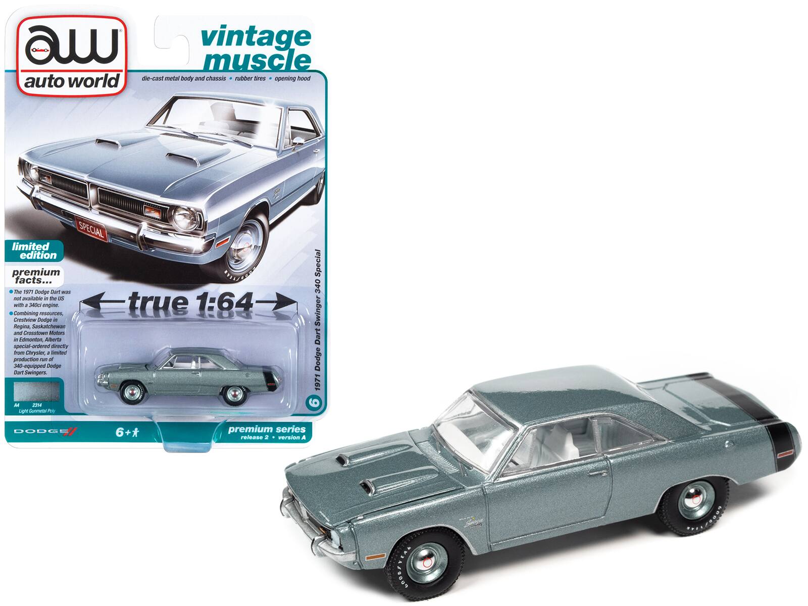 Autoworld - 1971 Dodge Dart Swinger 340 Light Gunmetal Black Tail Stripe Vintage Muscle 1/64 Diecast Auto World - Gray Metallic